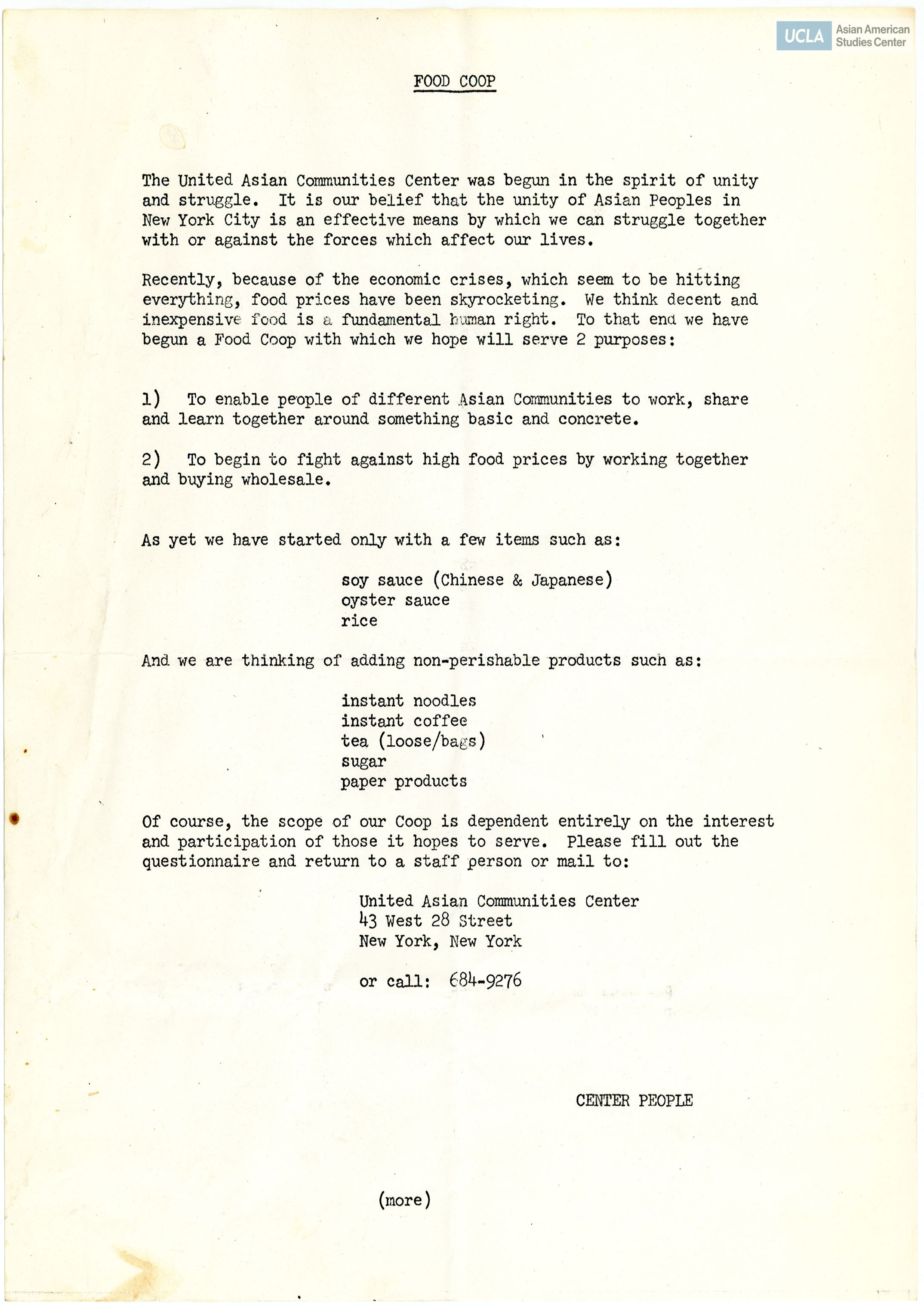 Flyer for participation in the food co-op.