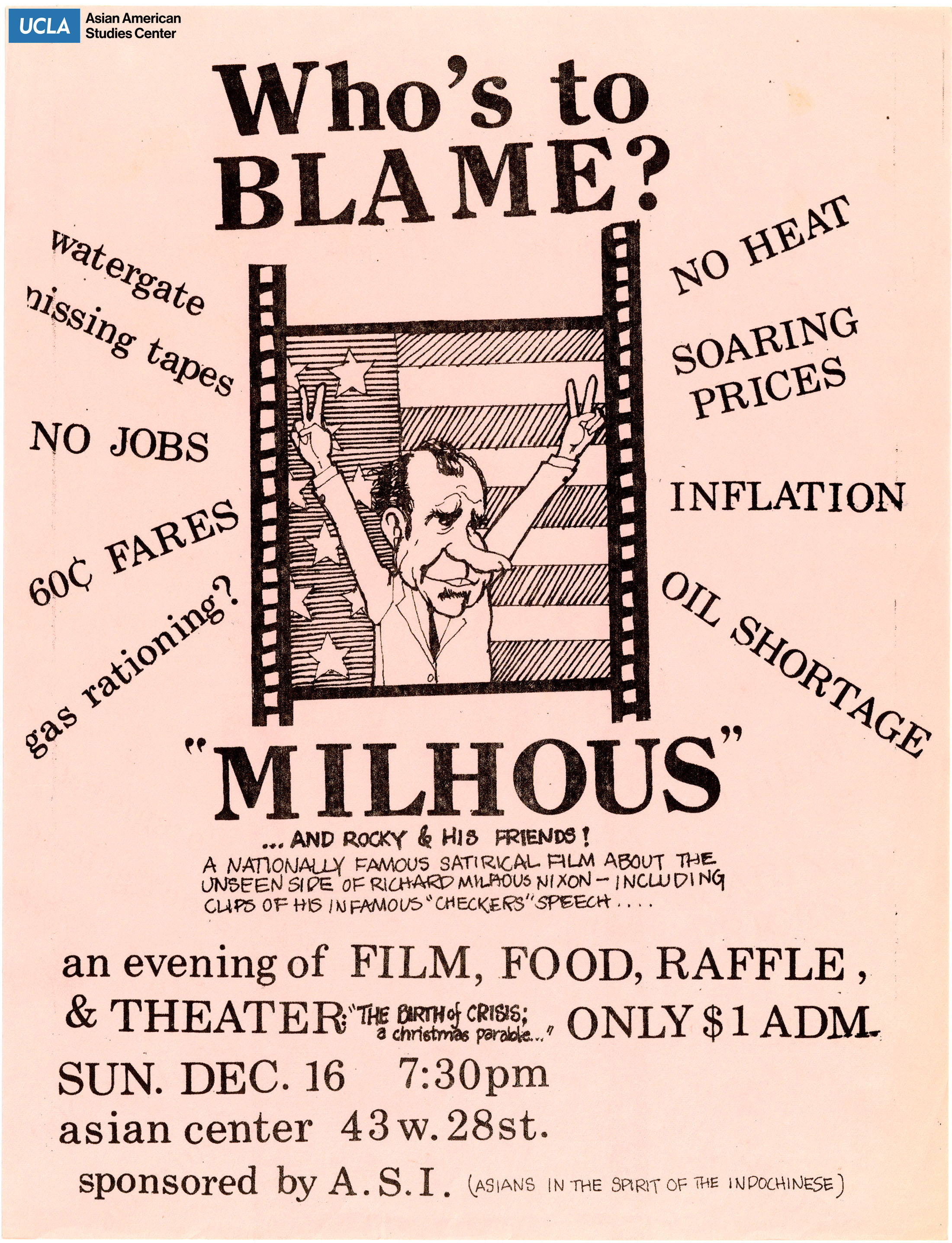 Flyer regarding a satirical film screening on Richard Nixon.
