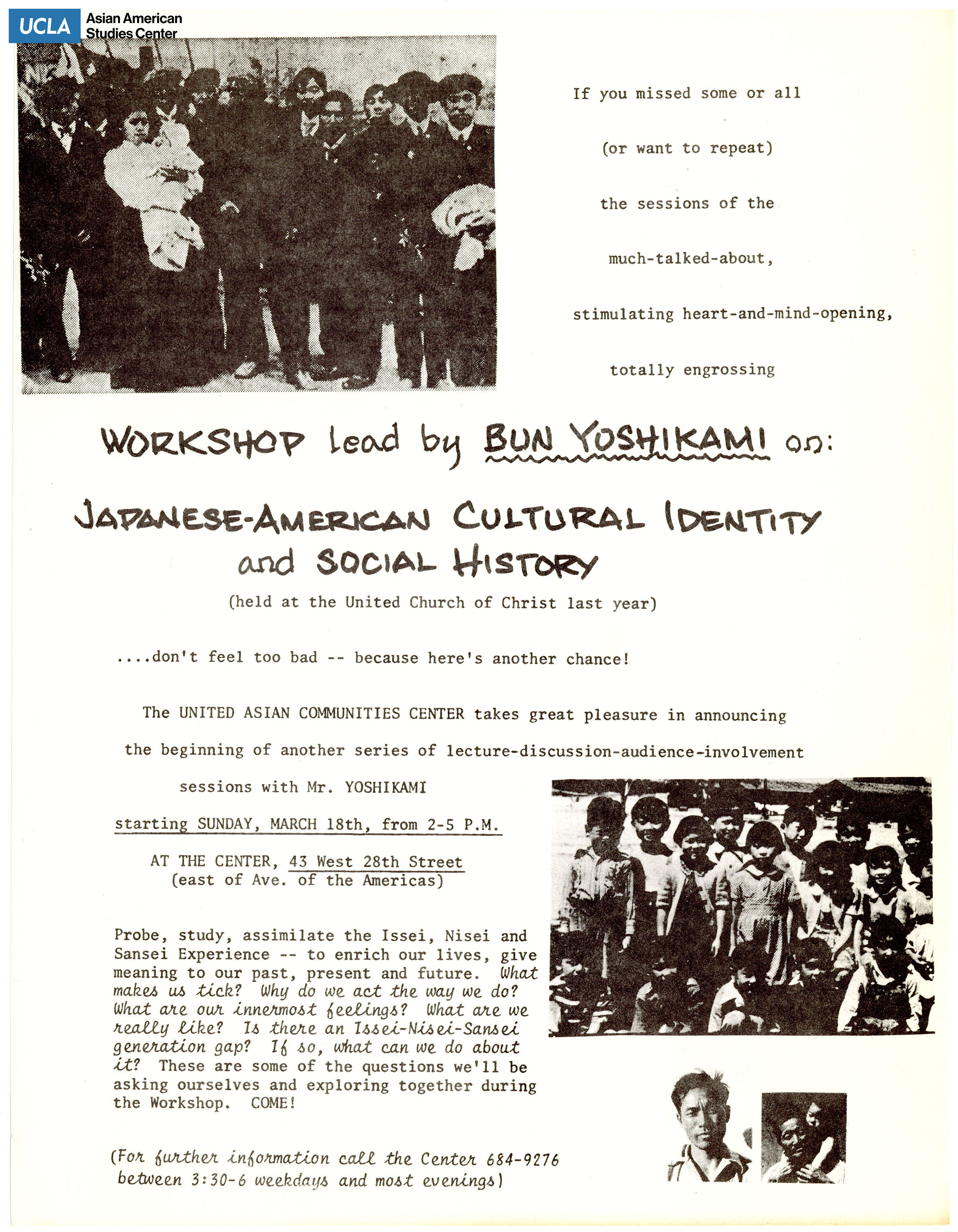 Flyer regarding workshop lead by Bun Yoshikami on Japanese American Cultural Identity and Social History.
