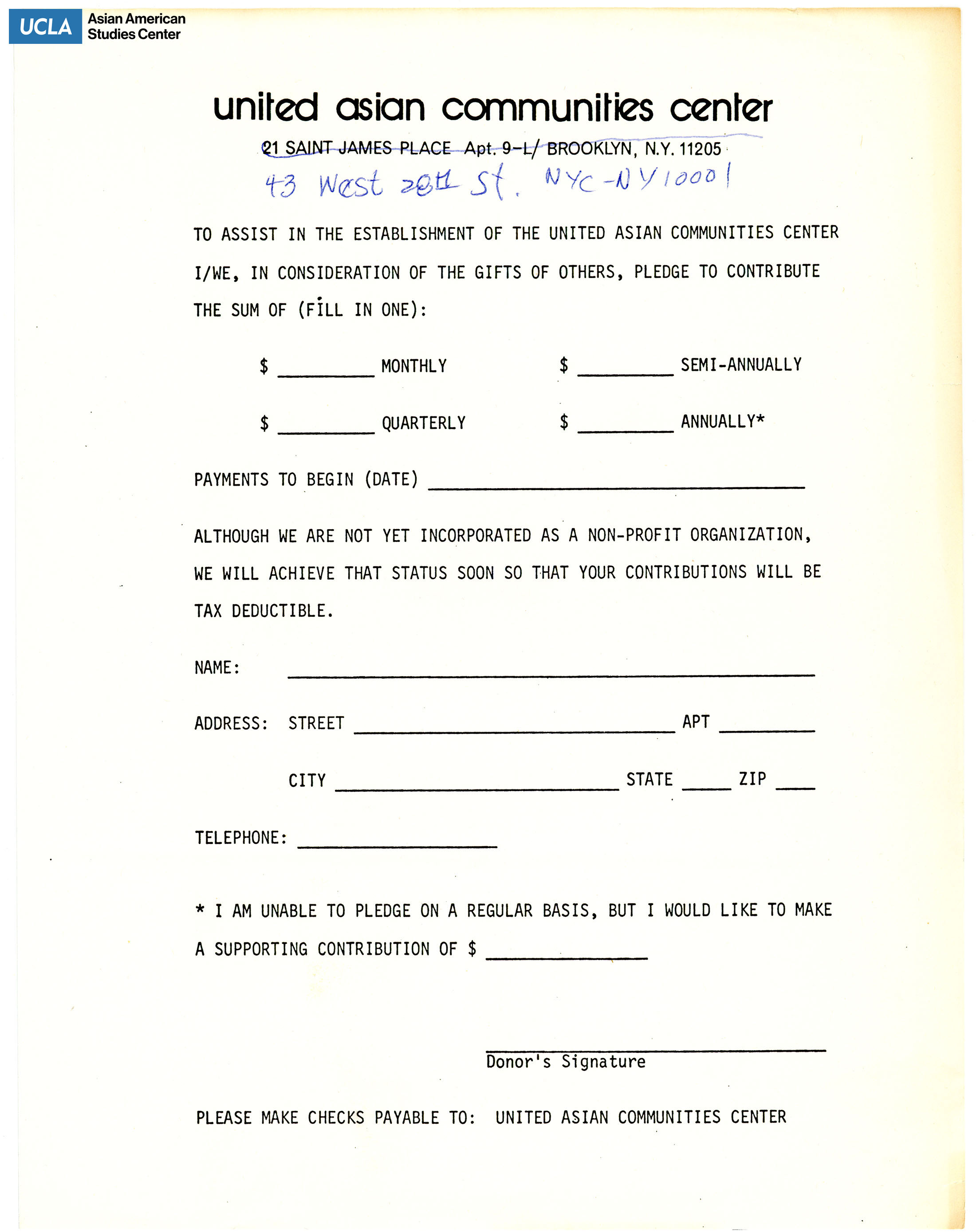 Pledge form regarding pledging to contribute to the United Asian Communities Center.