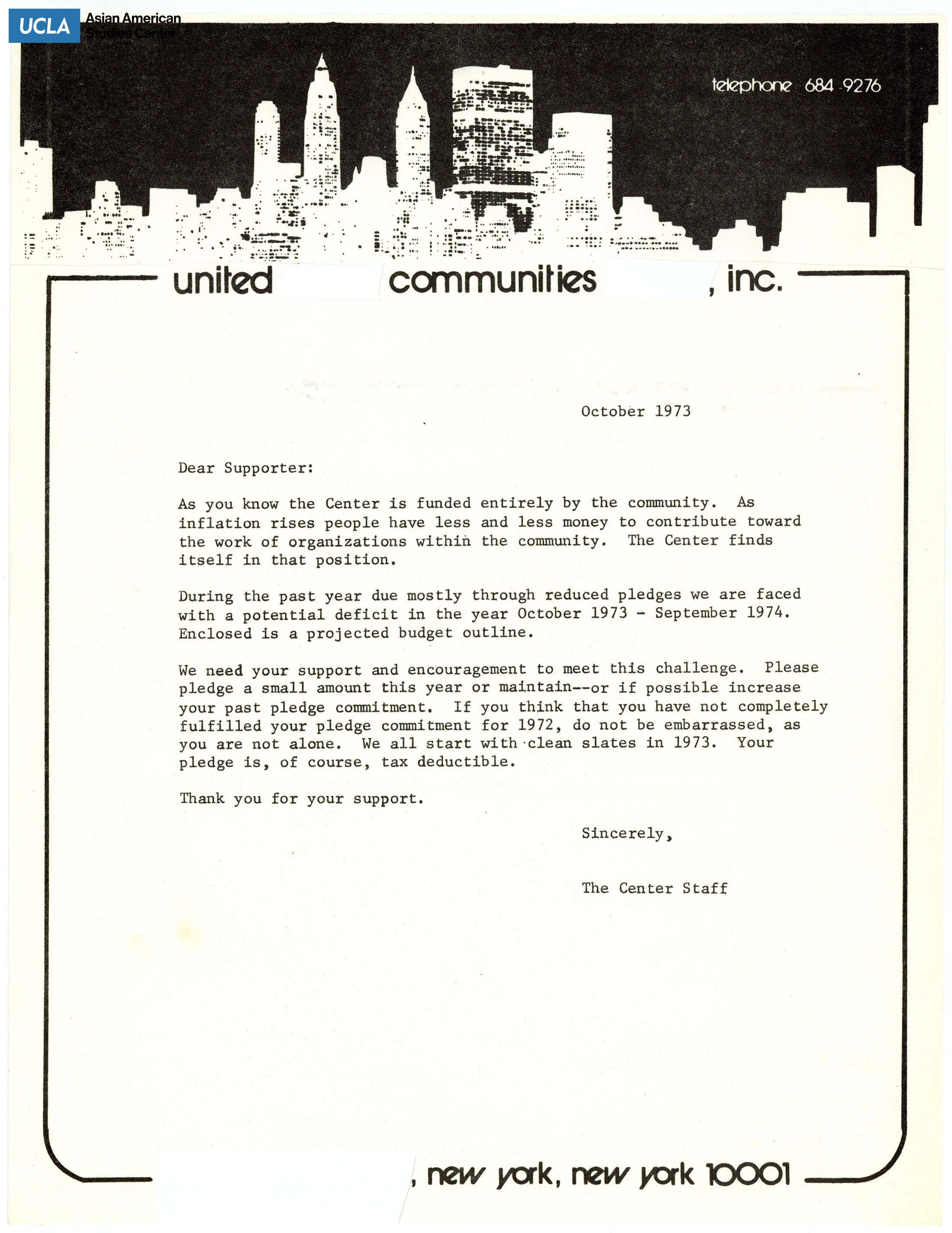Letter regarding pledging a donation to the United Asian Community Center.