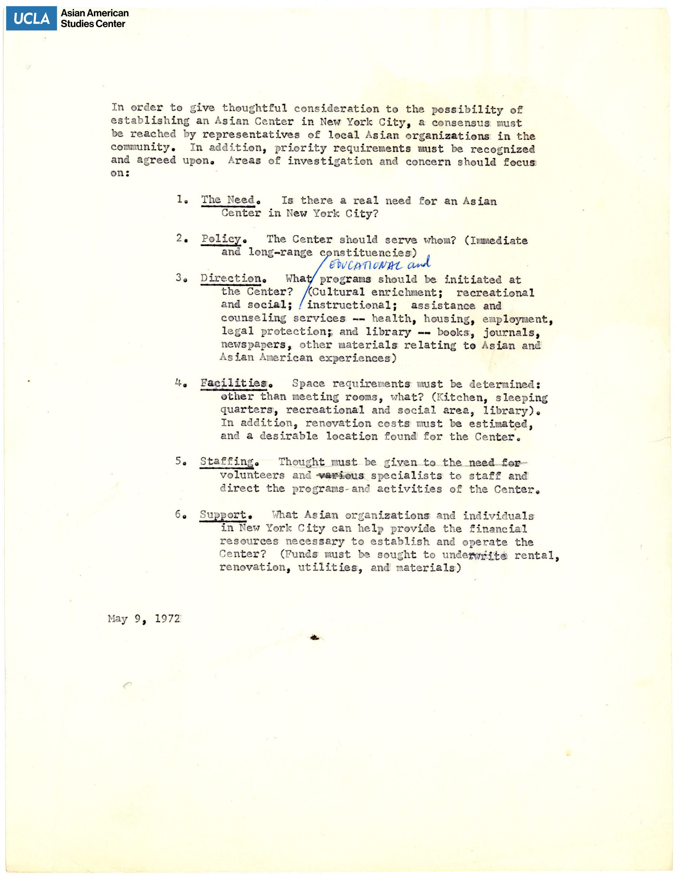 List of considerations on establishing the United Asian Communities Center.