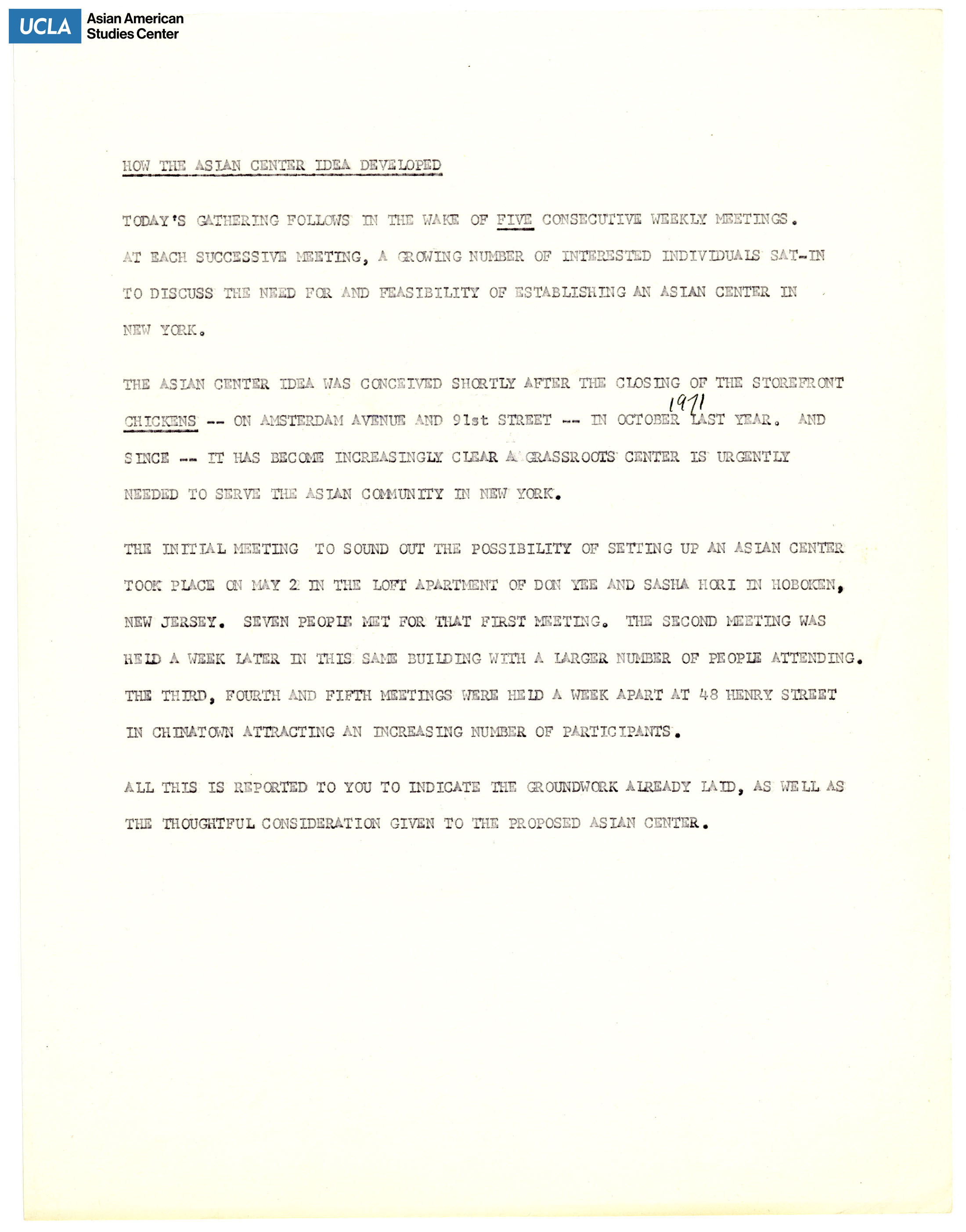 Statement regarding how the United Asian Communities Center developed.