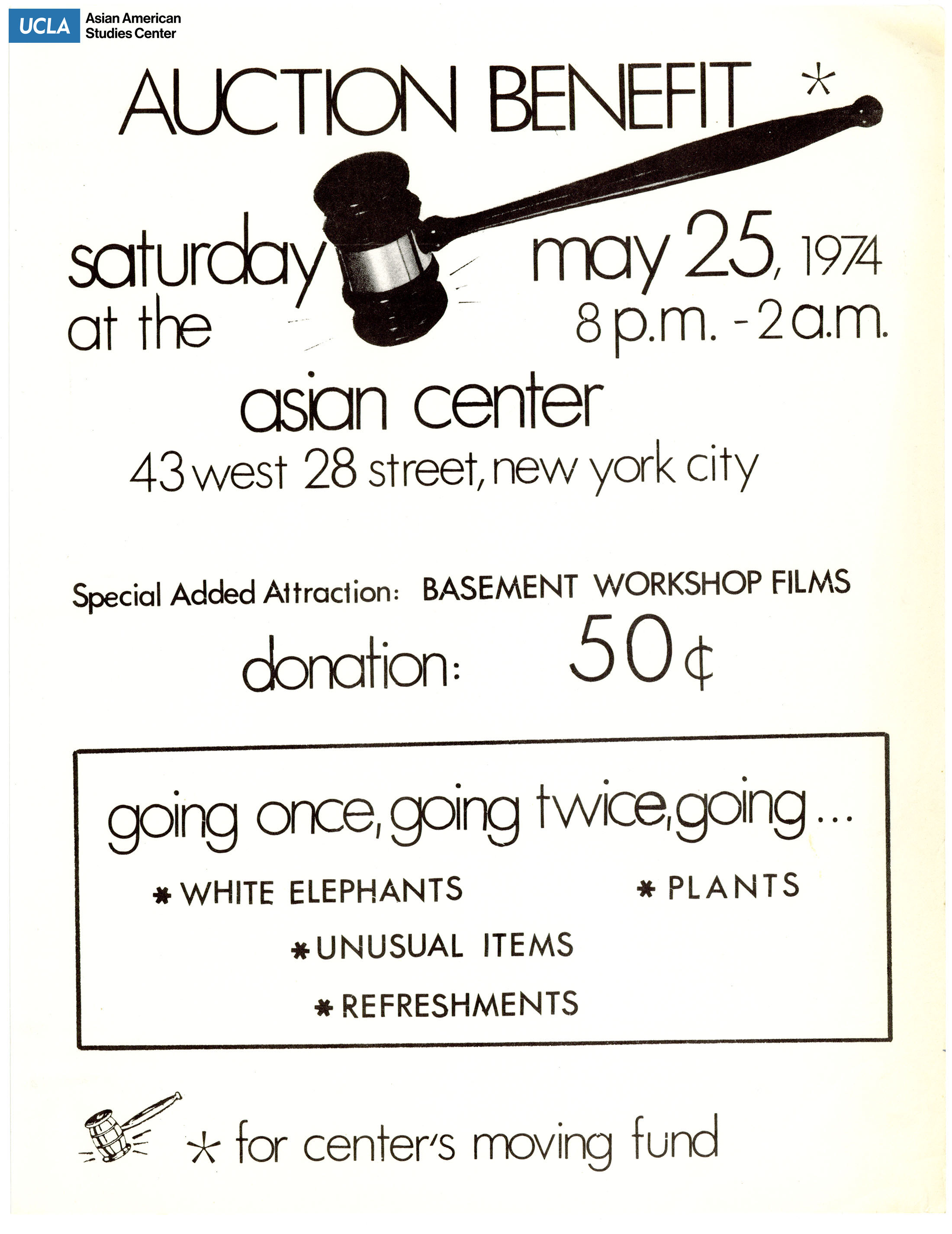 Flyer regarding an auction benefit at the Asian center on May 25, 1974.