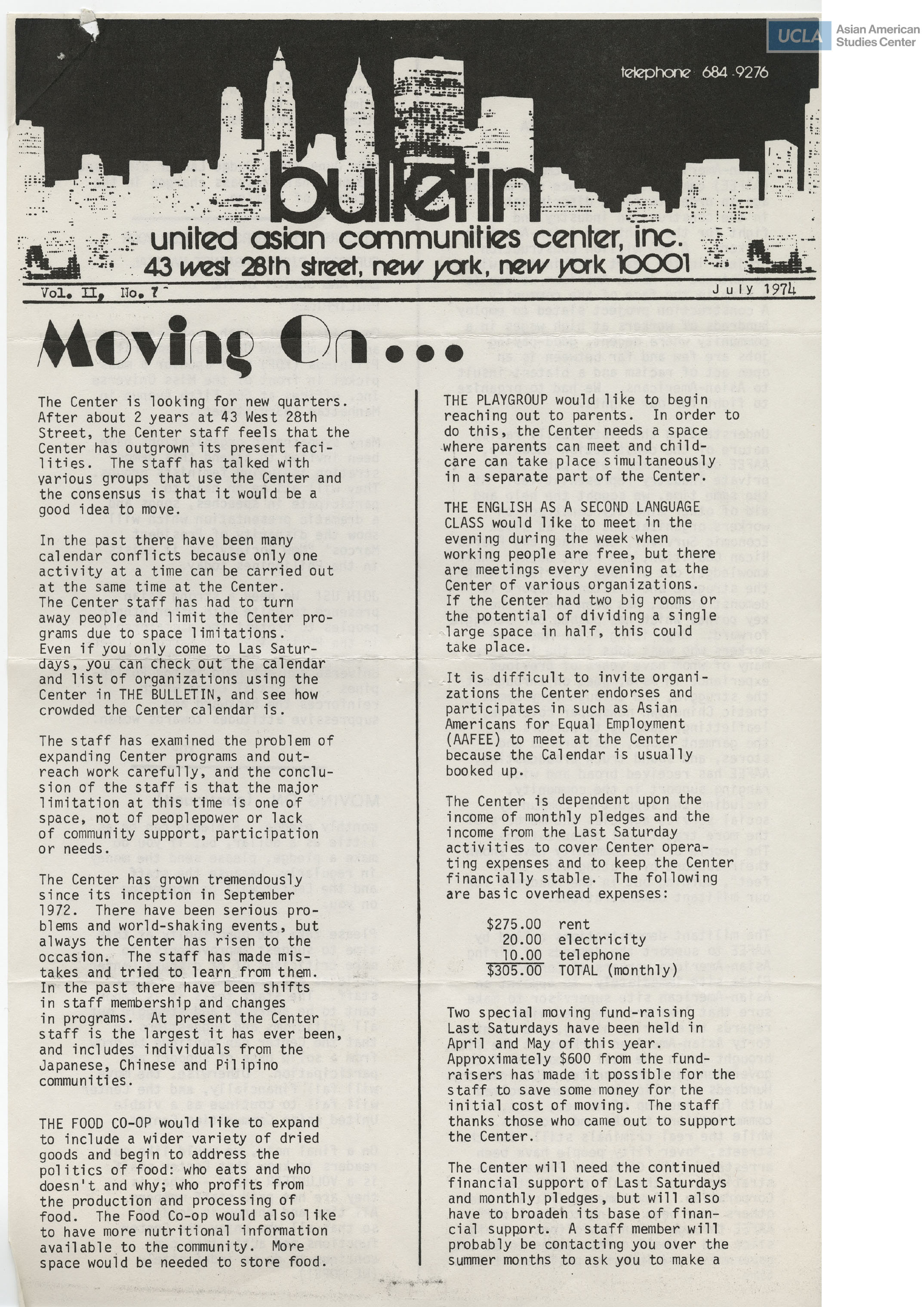United Asian Communities Center Bulletin regarding a moving fundraising event.