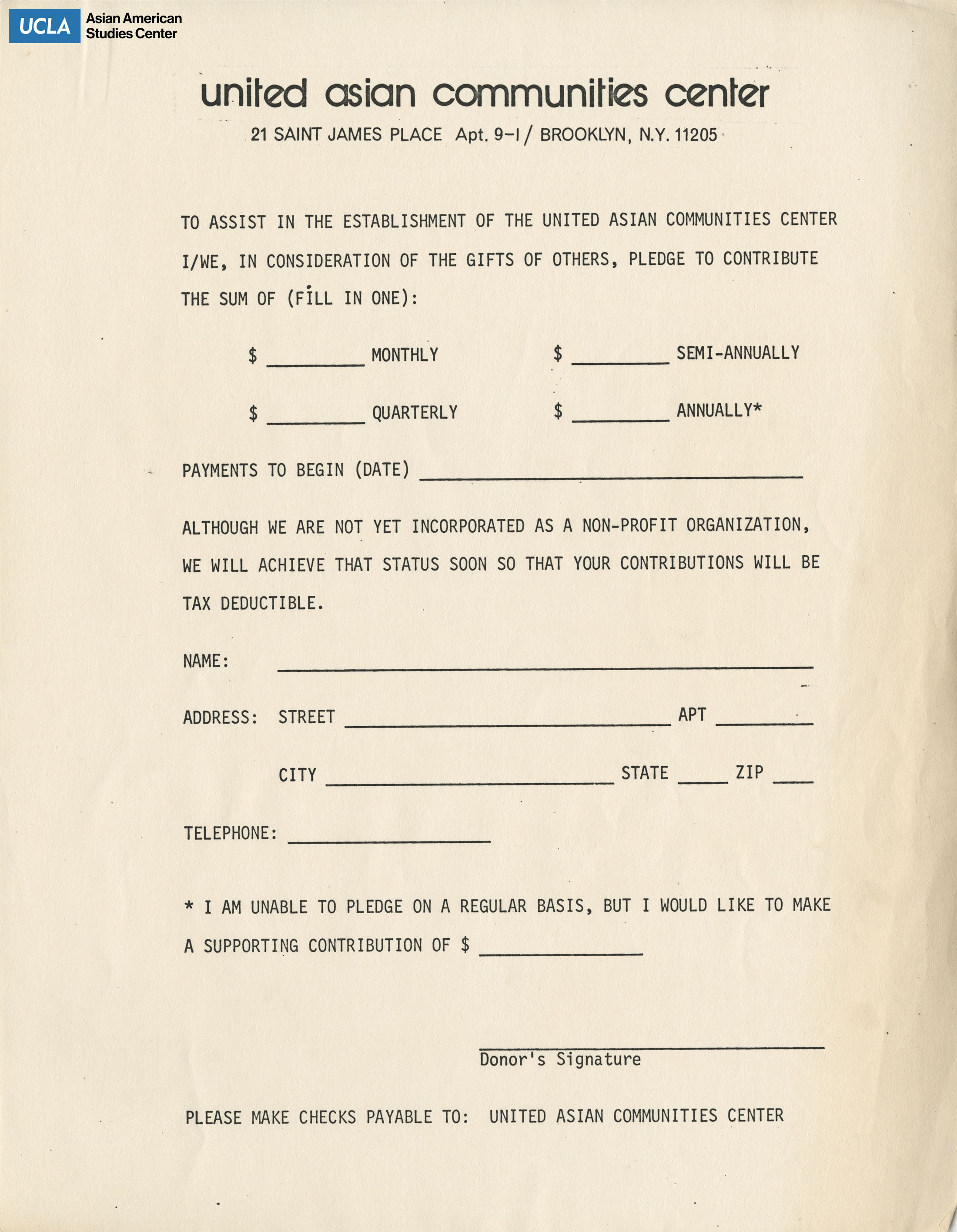 Donation form regarding pledging to United Asian Communities Center.