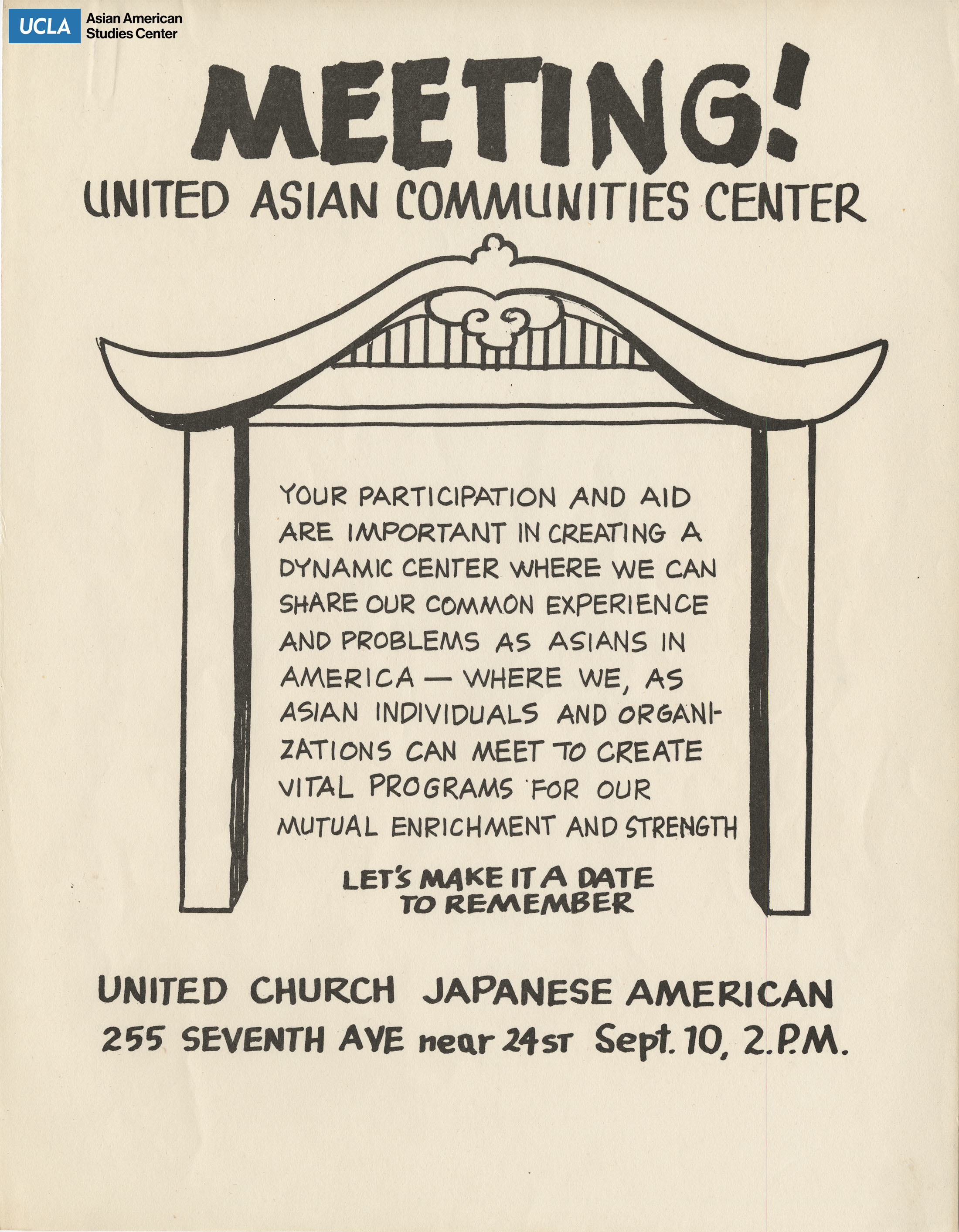 Flyer regarding a meeting at the United Asian Communities Center.
