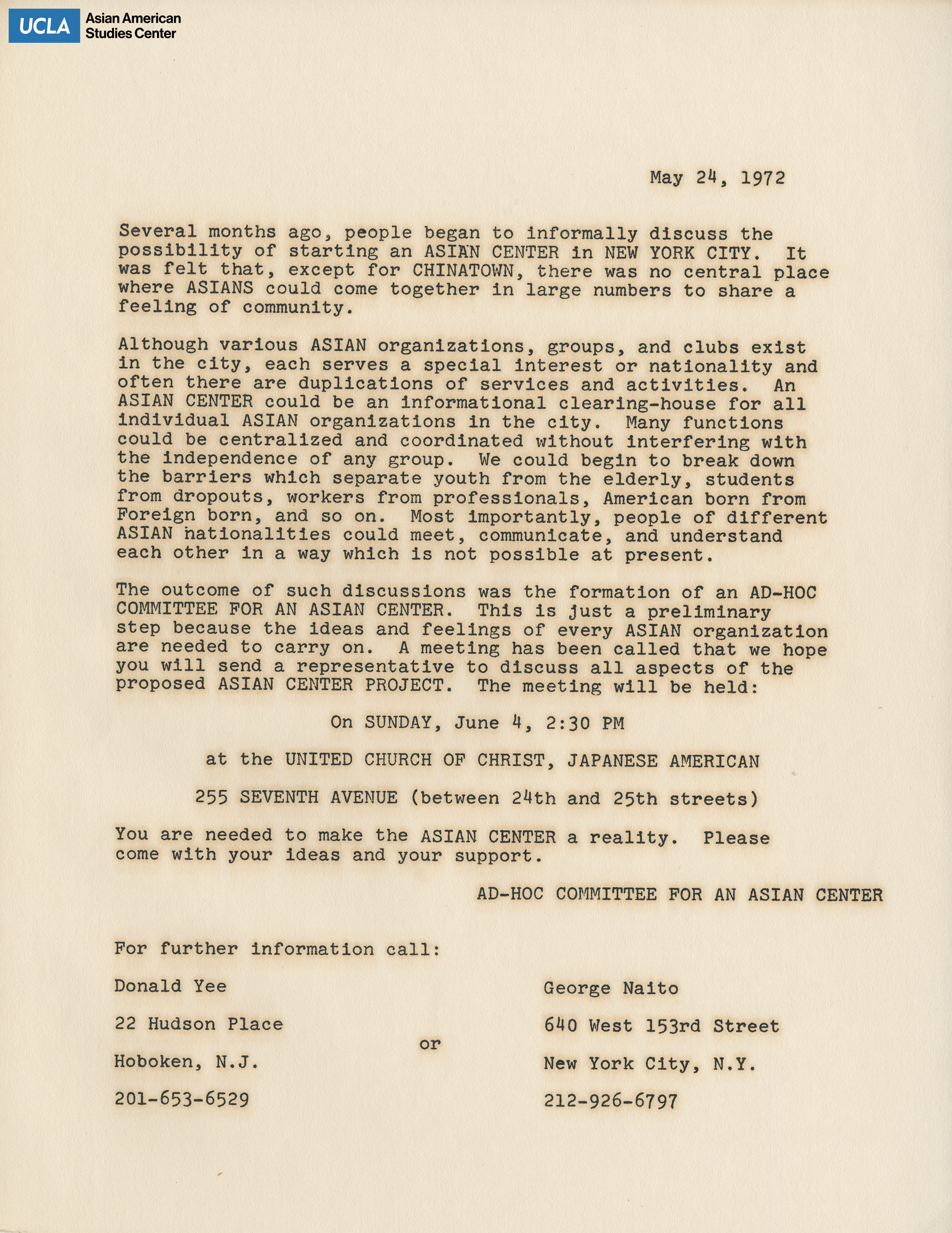 Letter regarding a meeting for the proposal of a Asian Center in New York City.