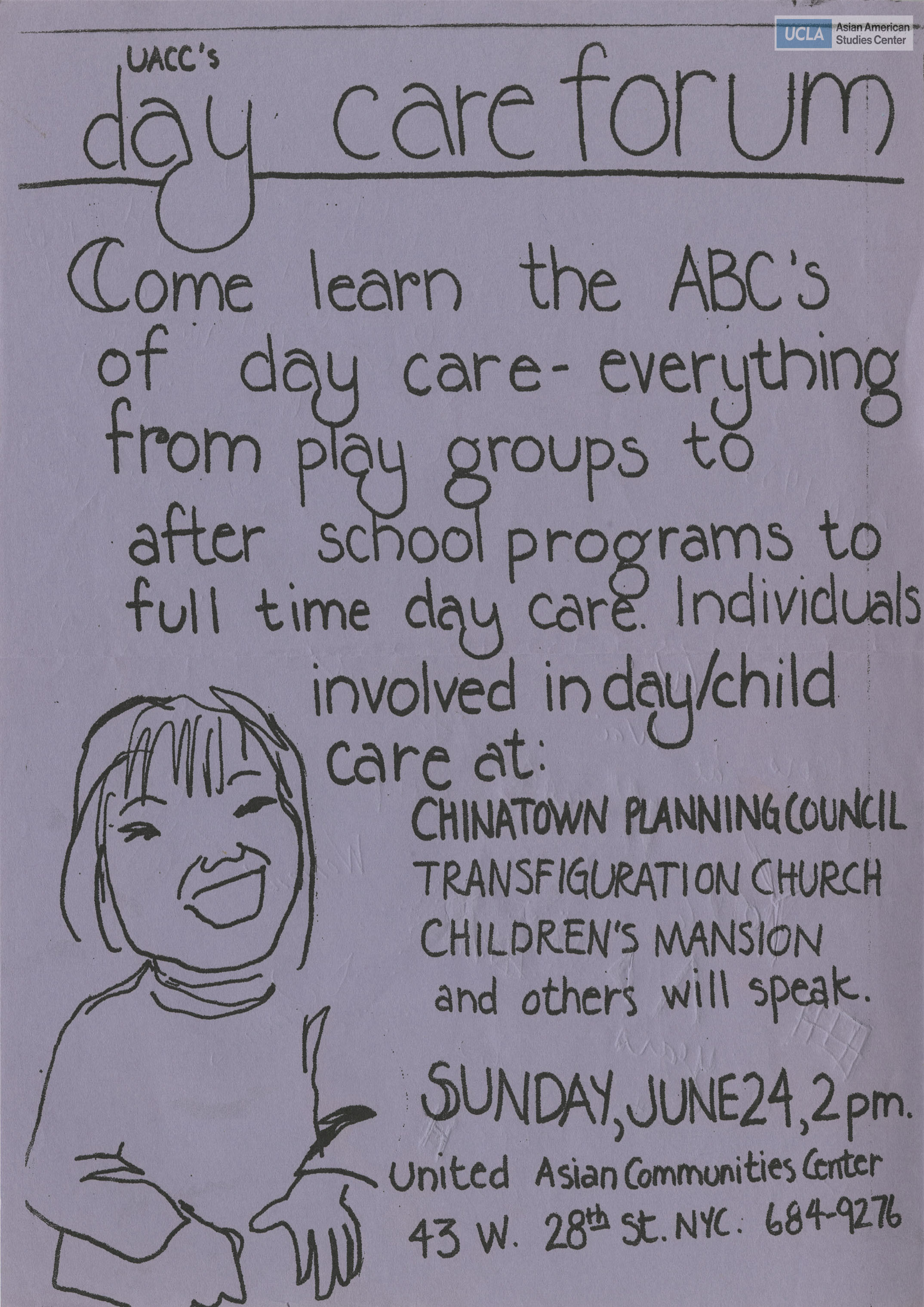 Flyer regarding a daycare forum. Hosted by United Asian Communities Center.