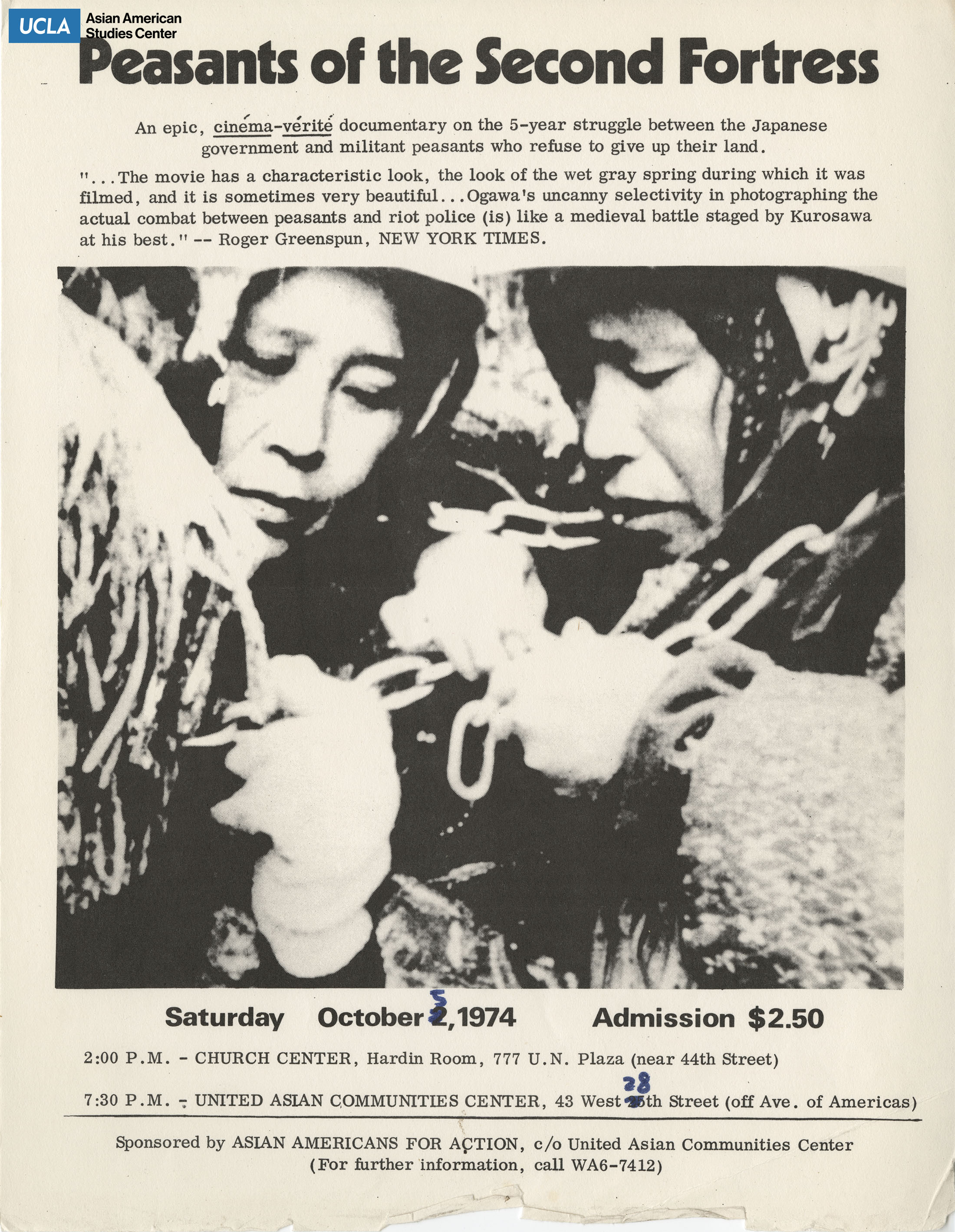 Flyer regarding a film screening of Peasants of the Second Fortress.
