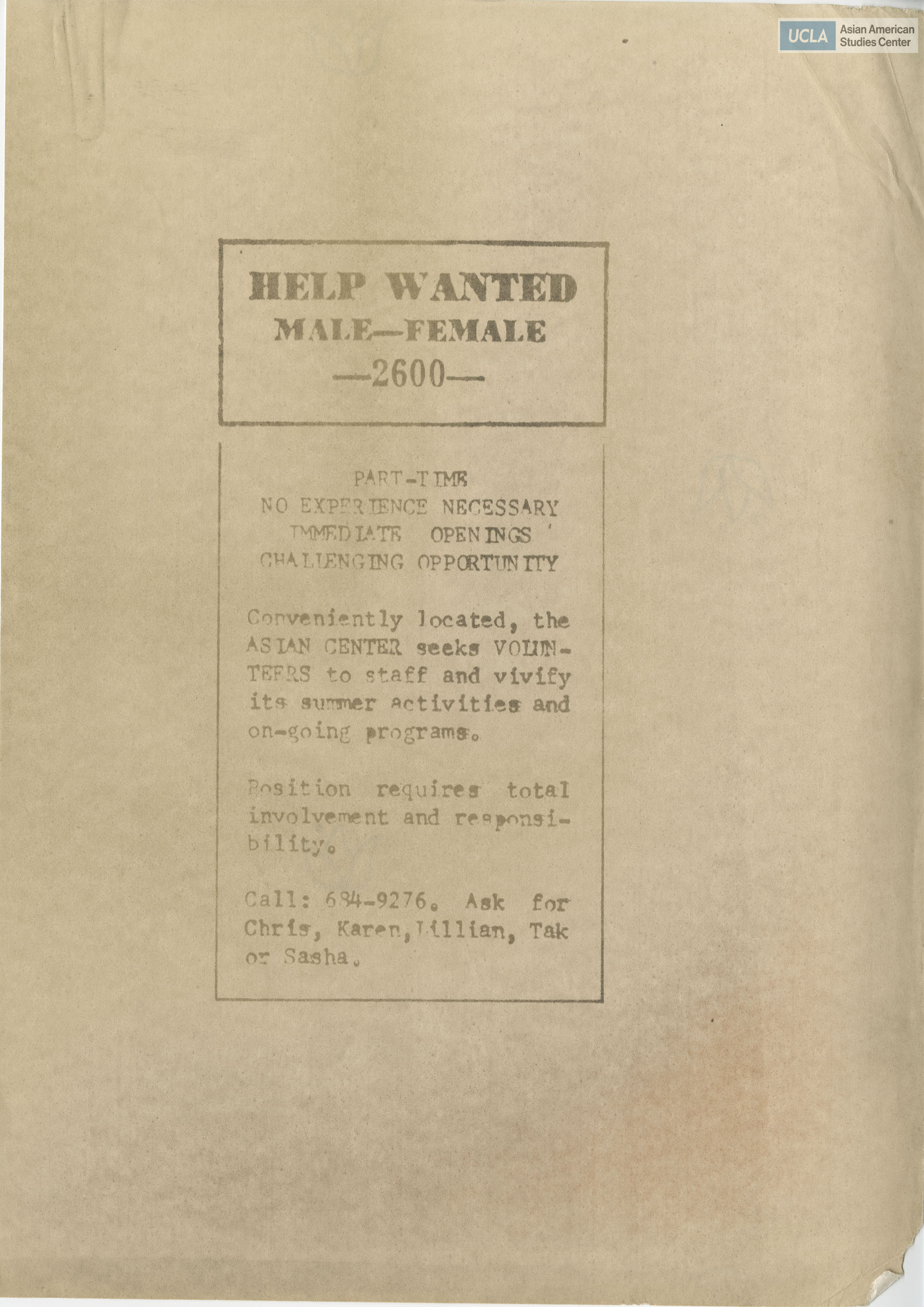 Flyer seeking part-time volunteers for program activities.