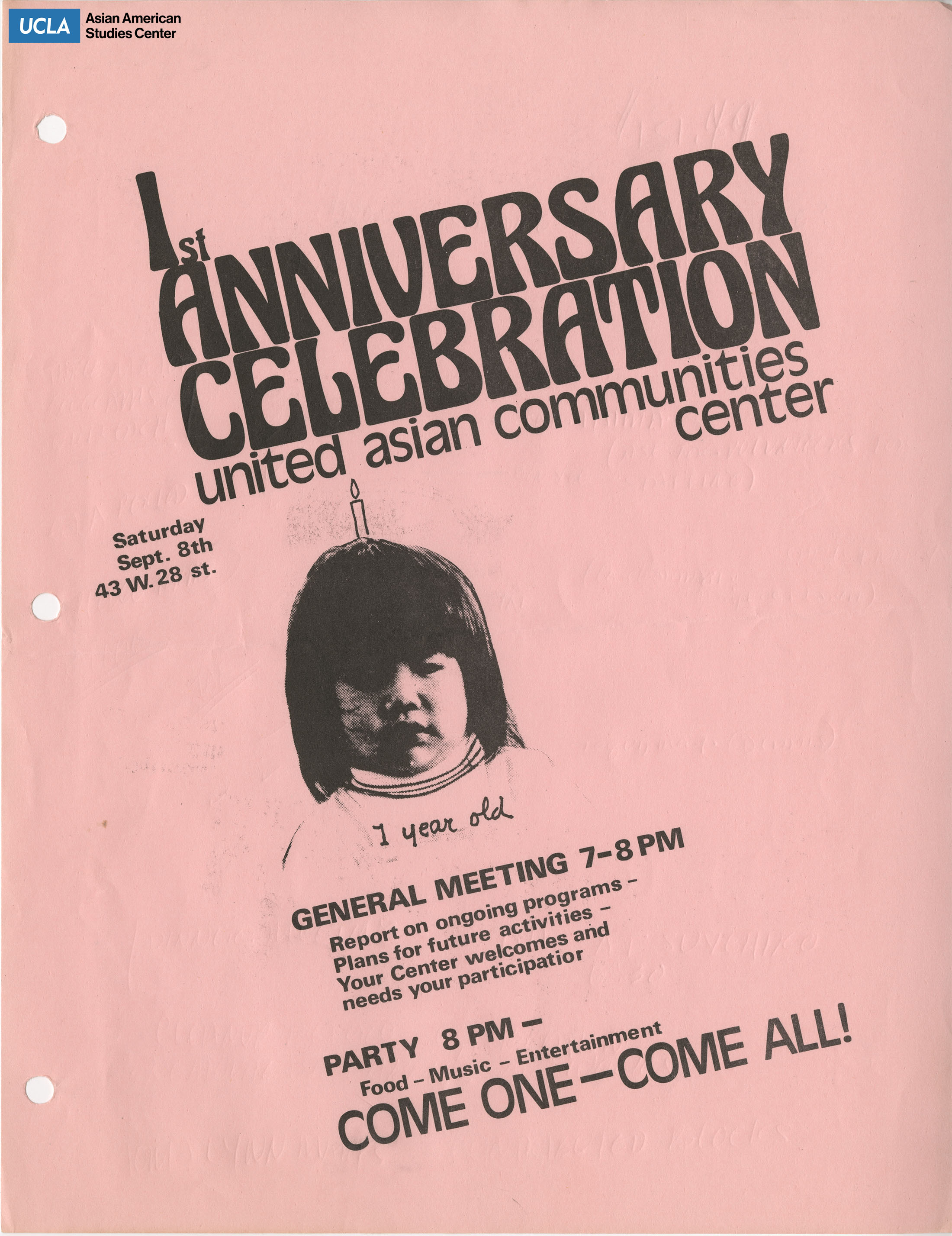 Flyer regarding first year anniversary celebration of United Asian Communities Center.