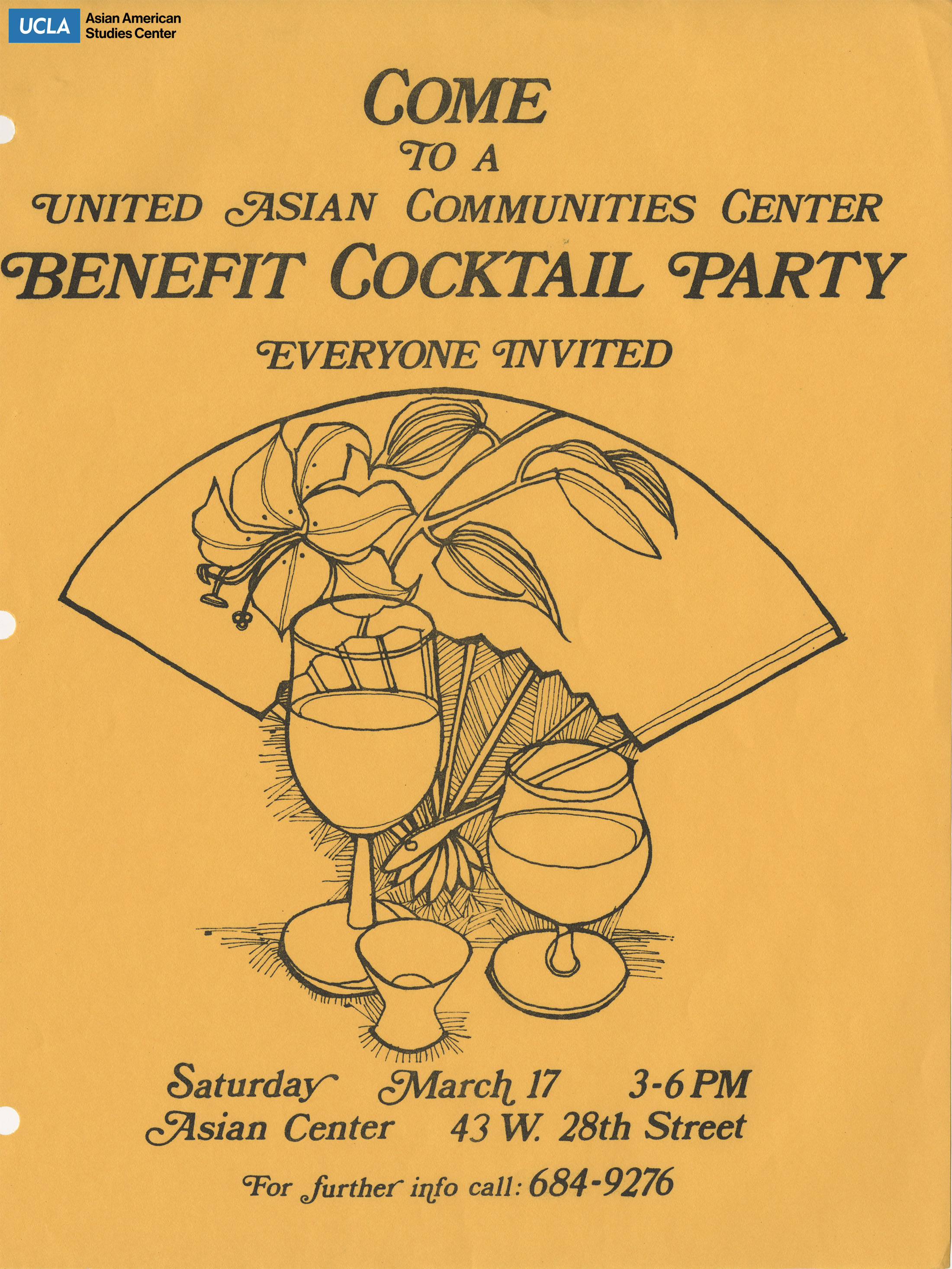 Flyer regarding a benefit cocktail party at the United Asian Communities Center.