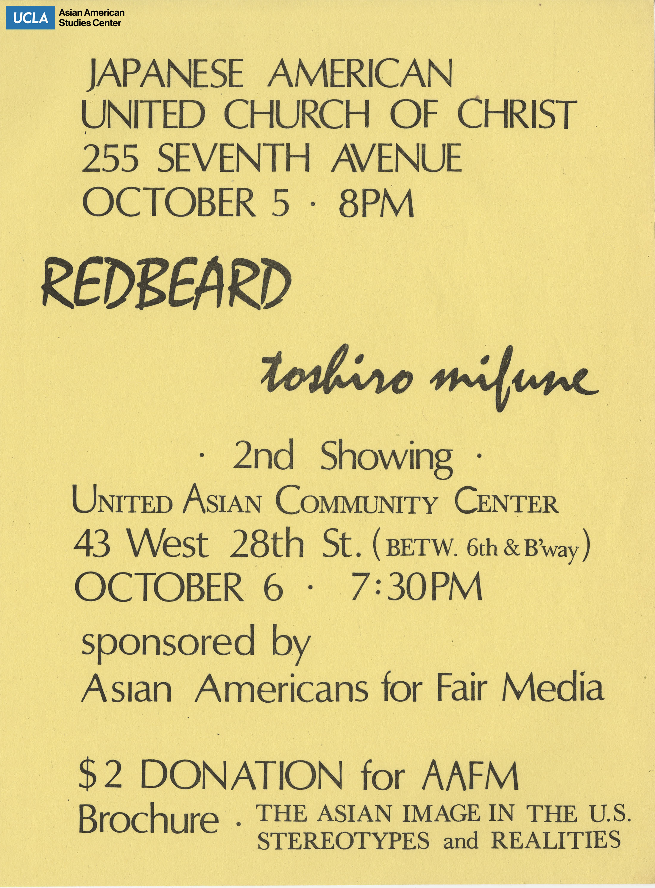 Flyer regarding a film screening of Redbeard. Sponsored by Asian Americans for Fair Media.