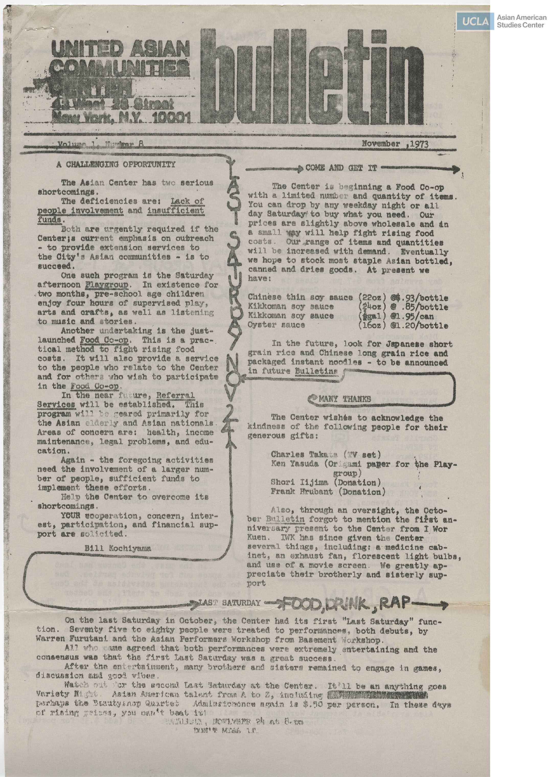 United Asian Communities Center Bulletin on insufficient funds, lack of staff, creating a food co-op, and a calendar of events.