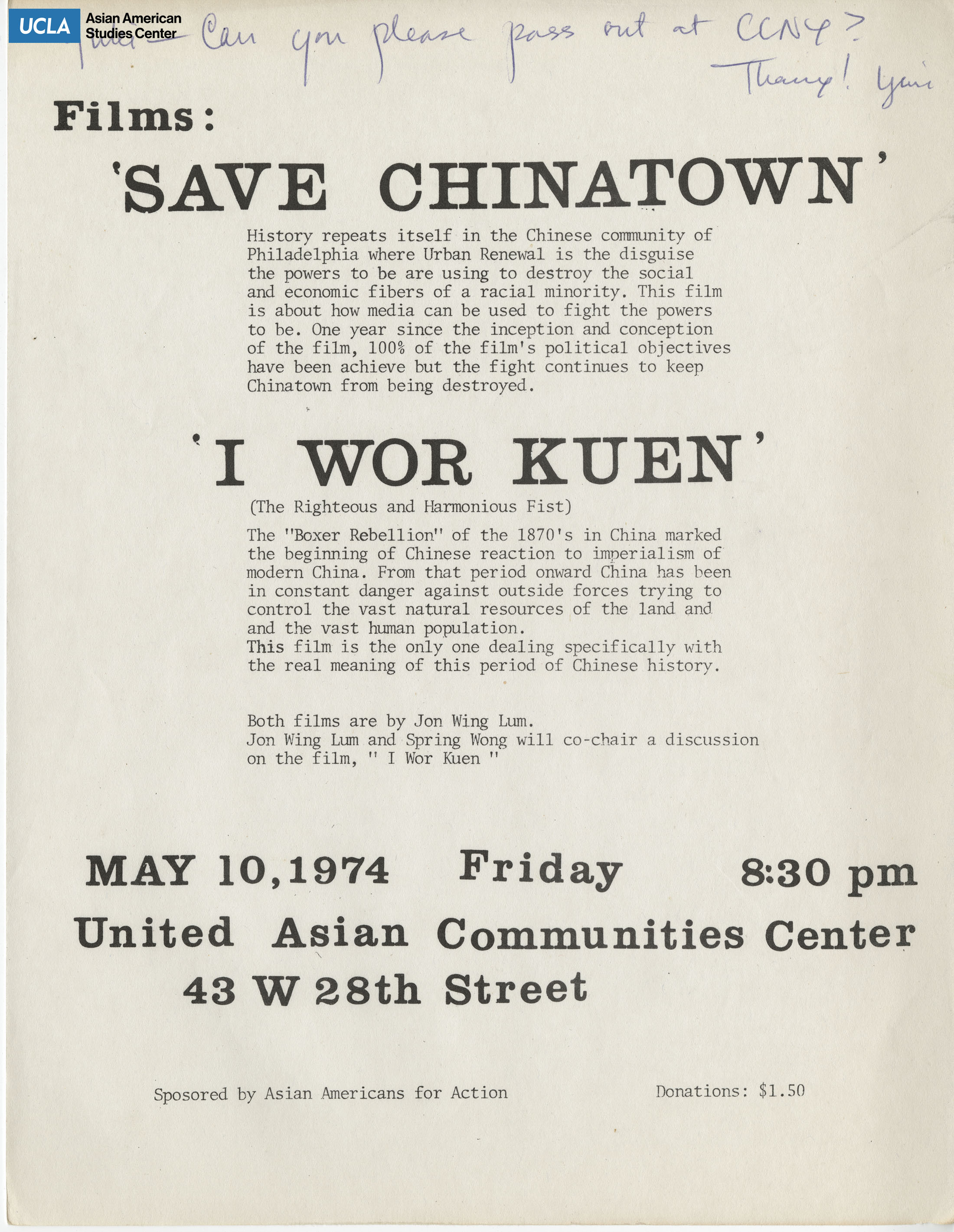 Flyer regarding a film screening of Save Chinatown and I Wor Kuen. Sponsored by Asian Americans for Action.