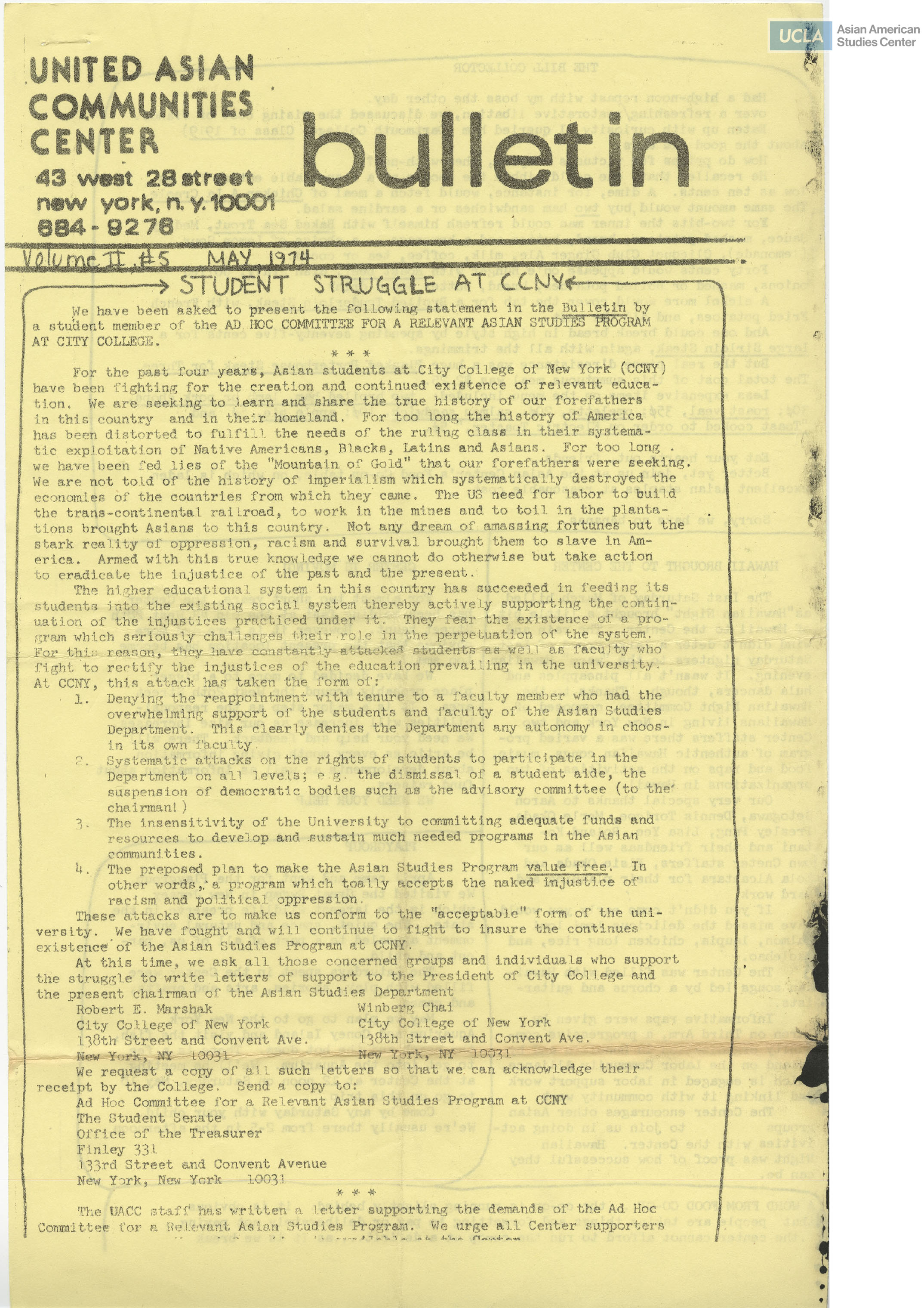 United Asian Communities Center Bulletin on City College of New York, an auction, and a calendar of events.