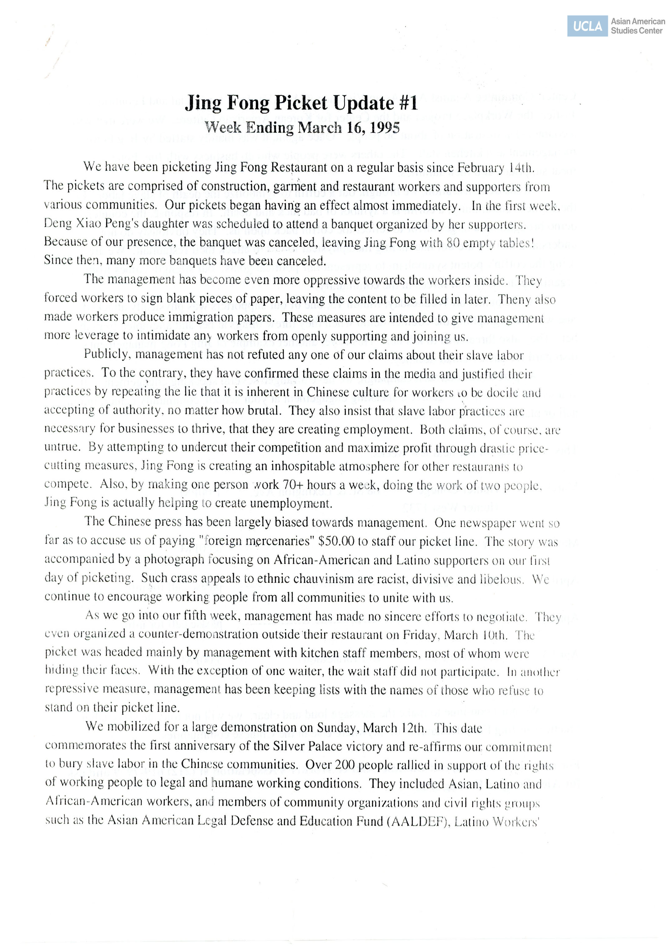 Jing Fong picket updates and speaking engagment announcements.