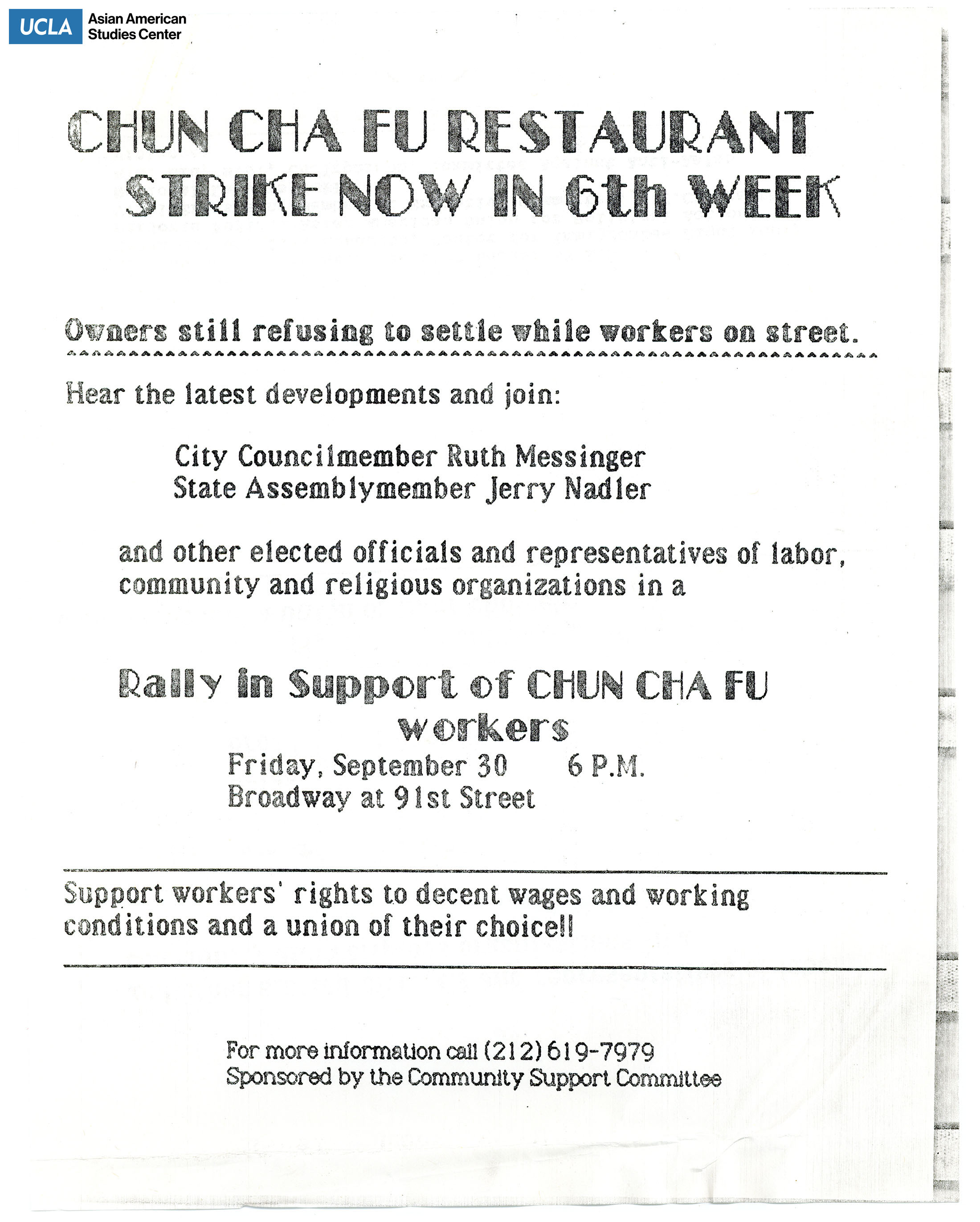 Strike for workers' rights at Chun Cha Fu Restaurant. Sponsored by Community Support Committee.
