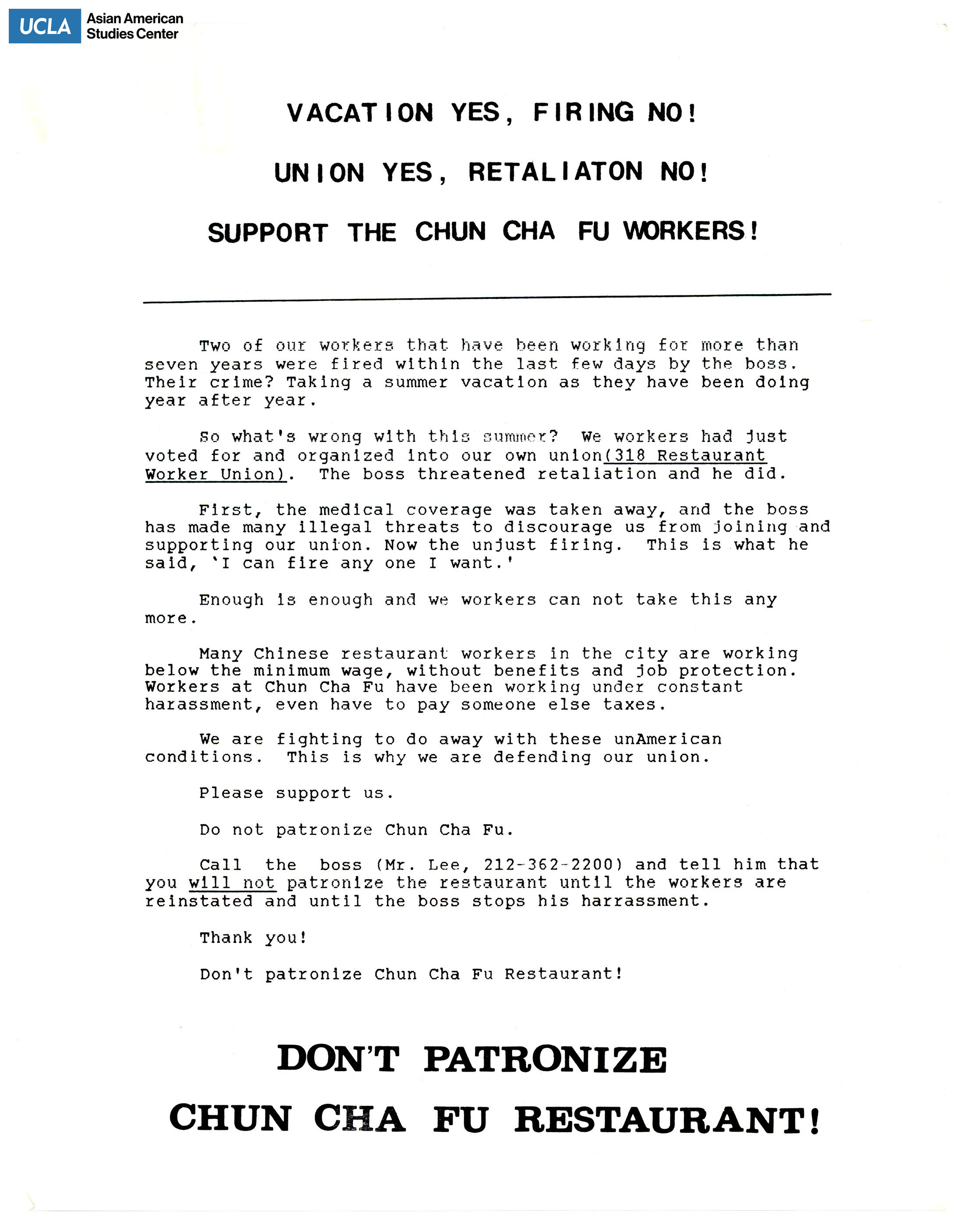 Flyer regarding the support of workers at Chun Cha Fu Restaurant.