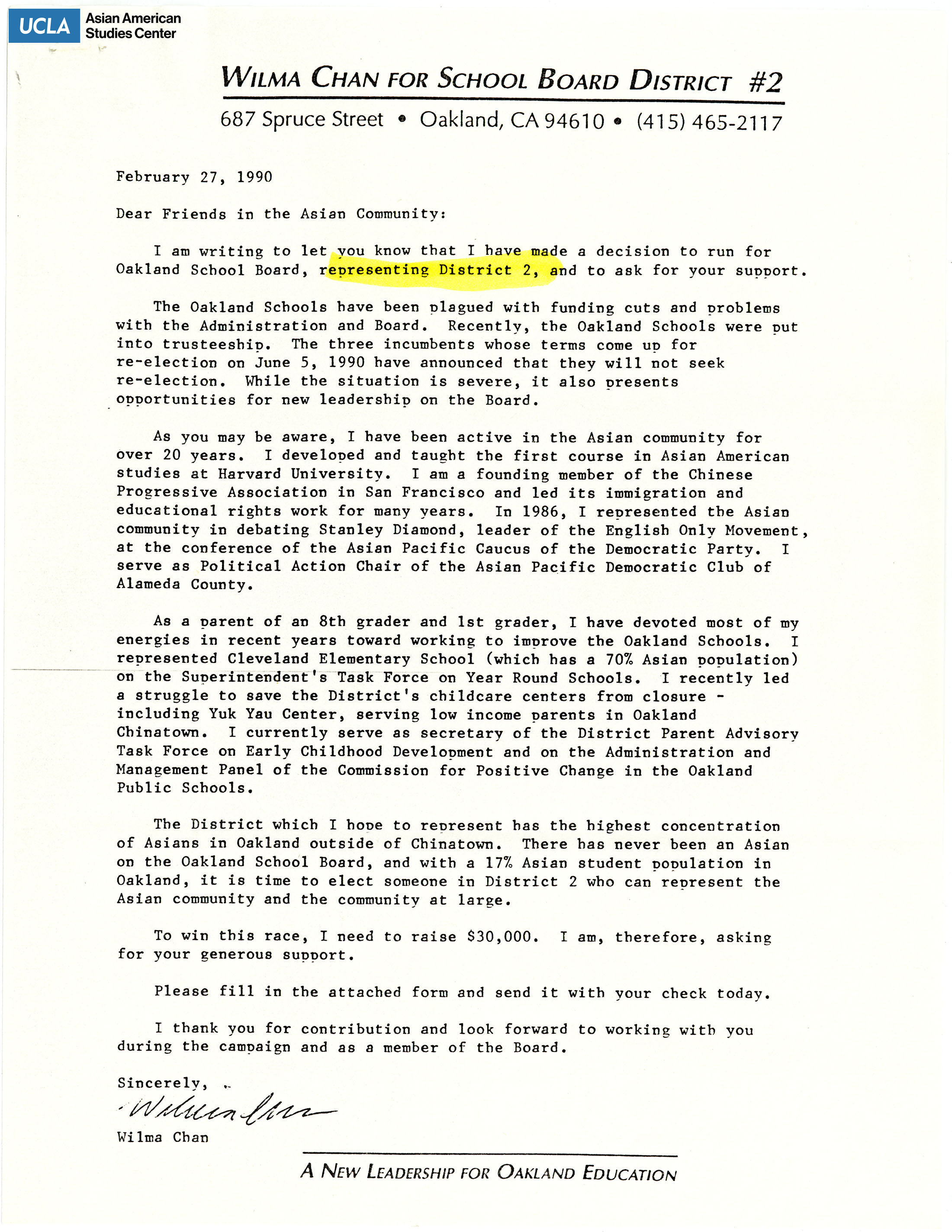 Letter regarding support for Wilma Chan for School Board District #2 Representative serving Alameda County in California.