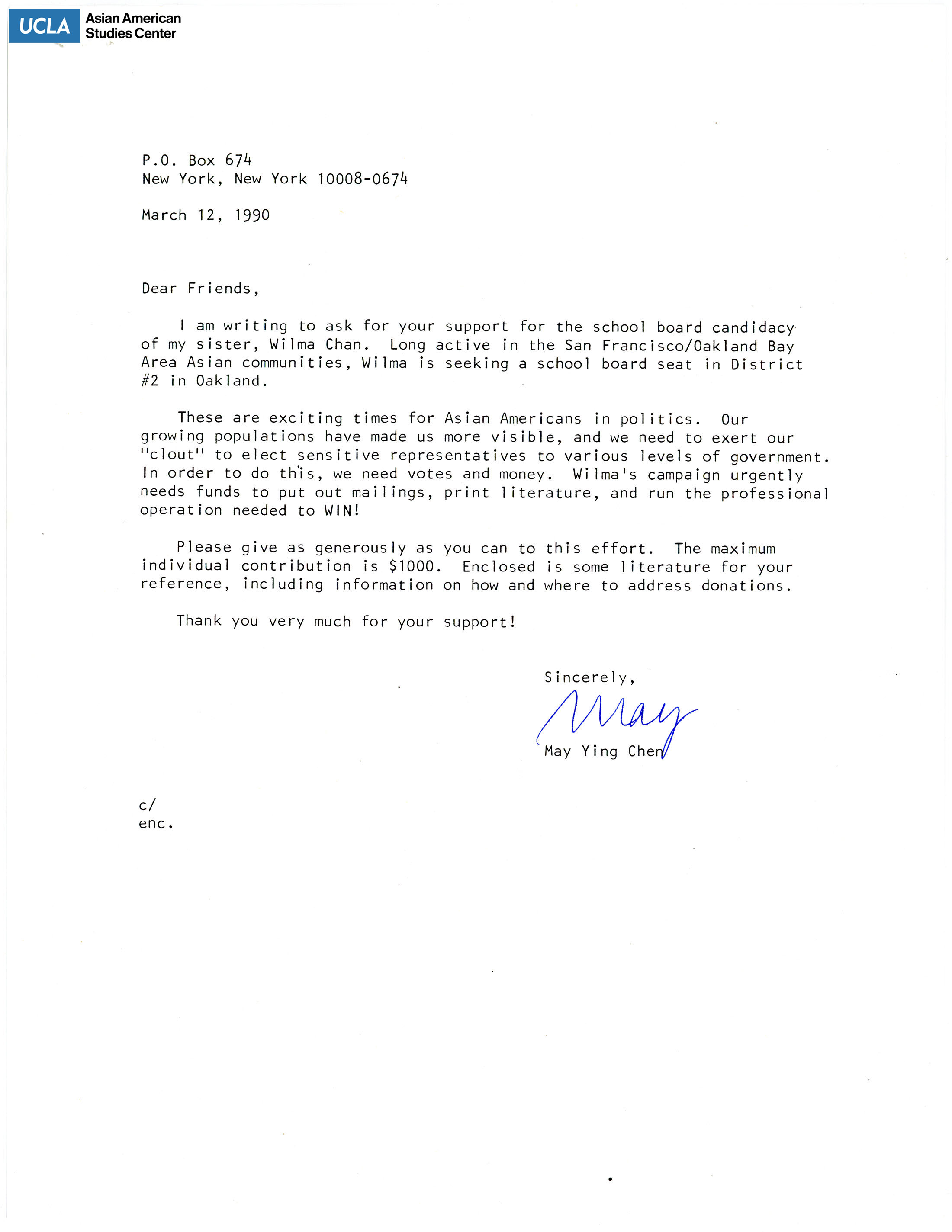 Letter regarding support from May Ying Chen for Wilma Chan's run for Oakland School Board Representative in California.