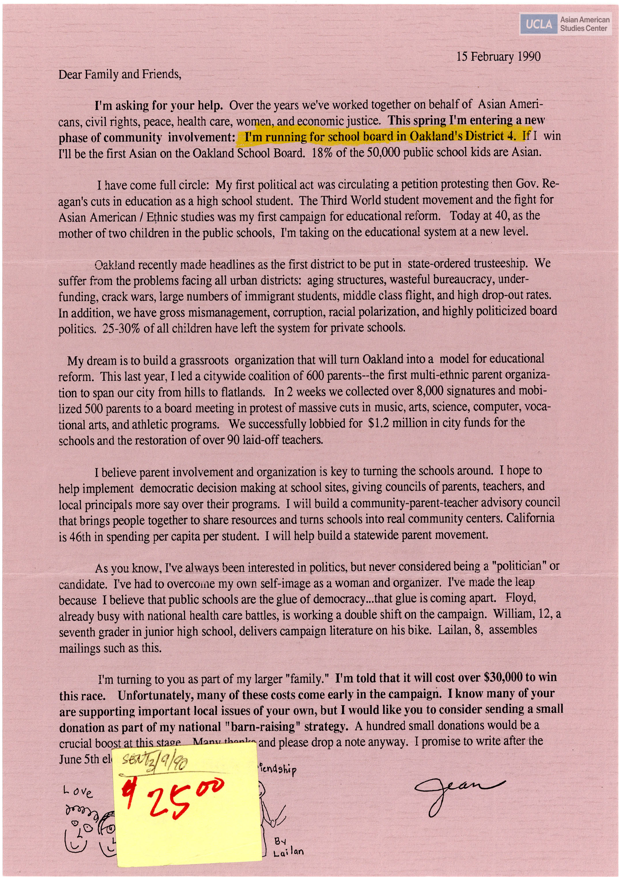Letter regarding support for Wilma Chan's run for Oakland District 4 Representative in Alameda County.