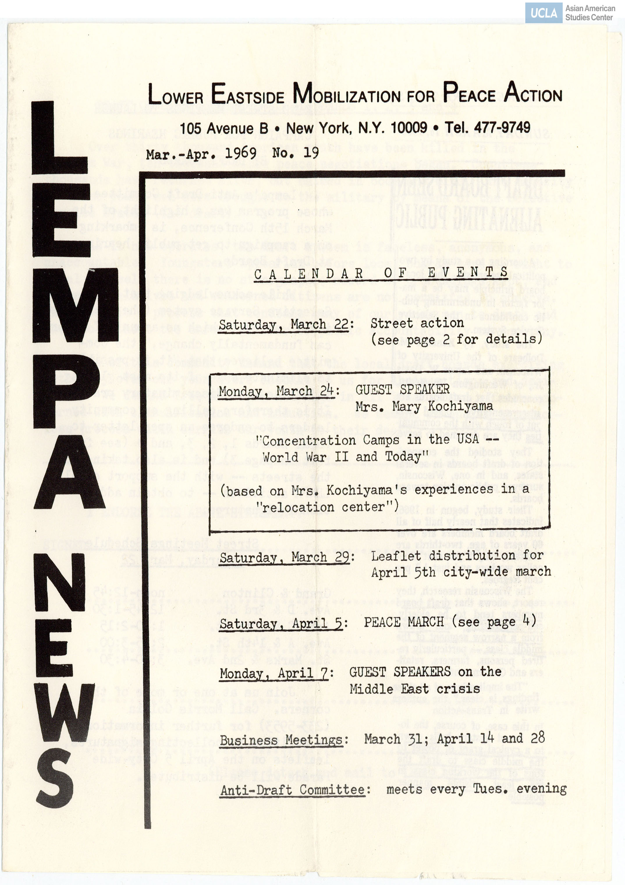 Bulletin regarding calendar of events and various topics on the Vietnam War.