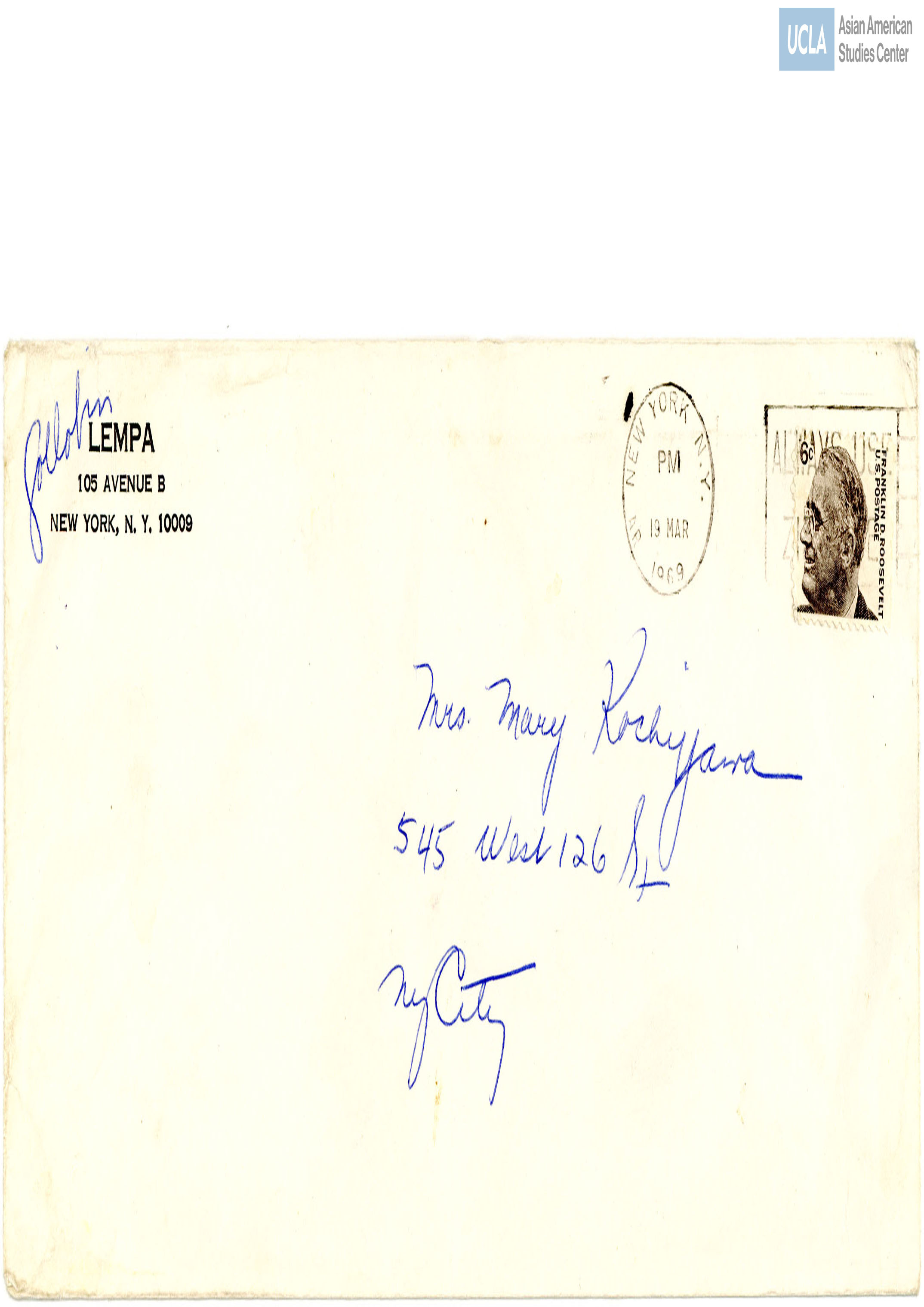 Envelope addressed to Yuri Kochiyama from Lower Eastside Mobilization for Peace Action.