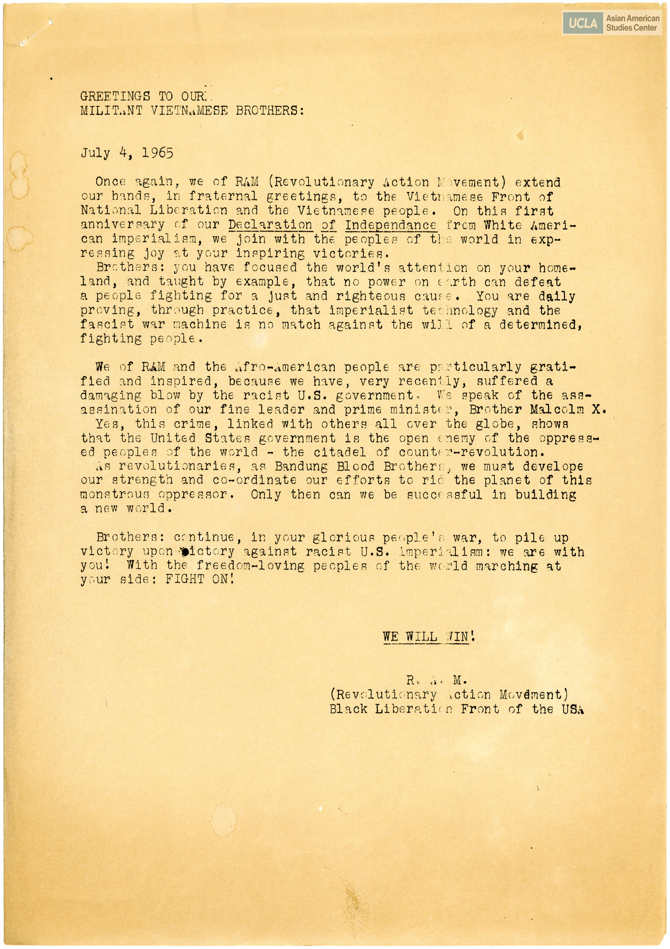 Letter regarding racism against Black Americans.
