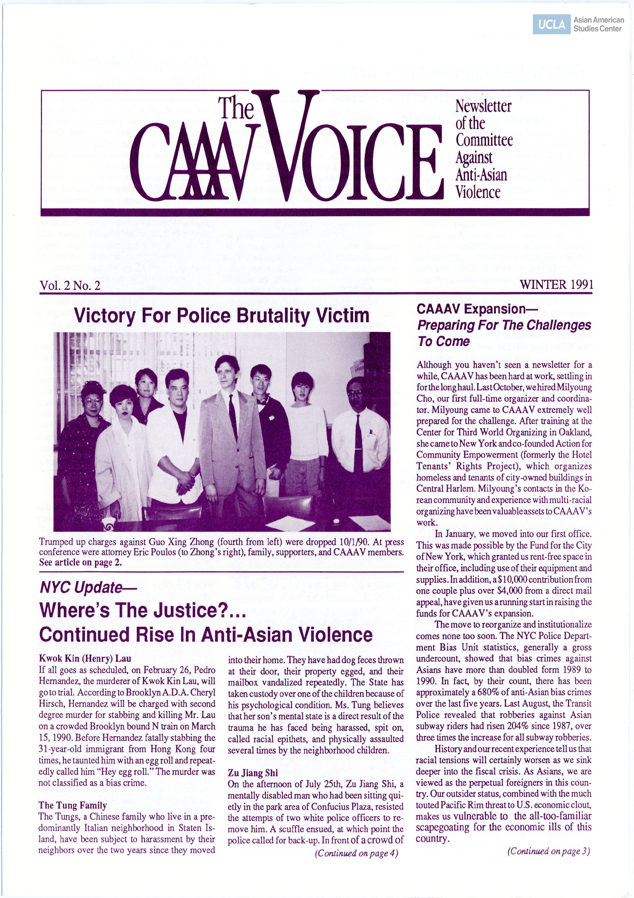 Newsletter regarding the Committee Against Anti-Asian Violence (CAAAV).