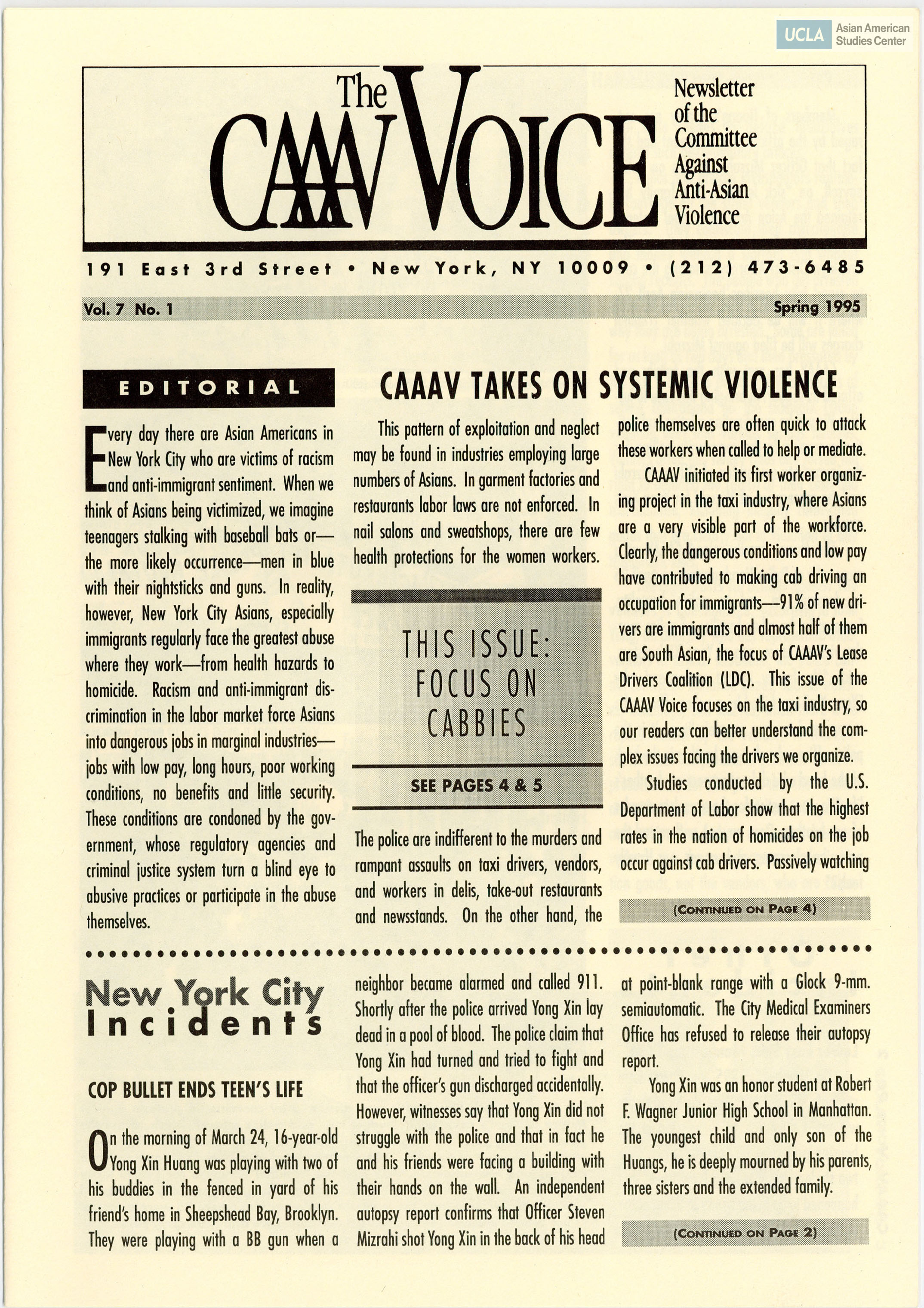 Newsletter regarding the Committee Against Anti-Asian Violence (CAAAV).
