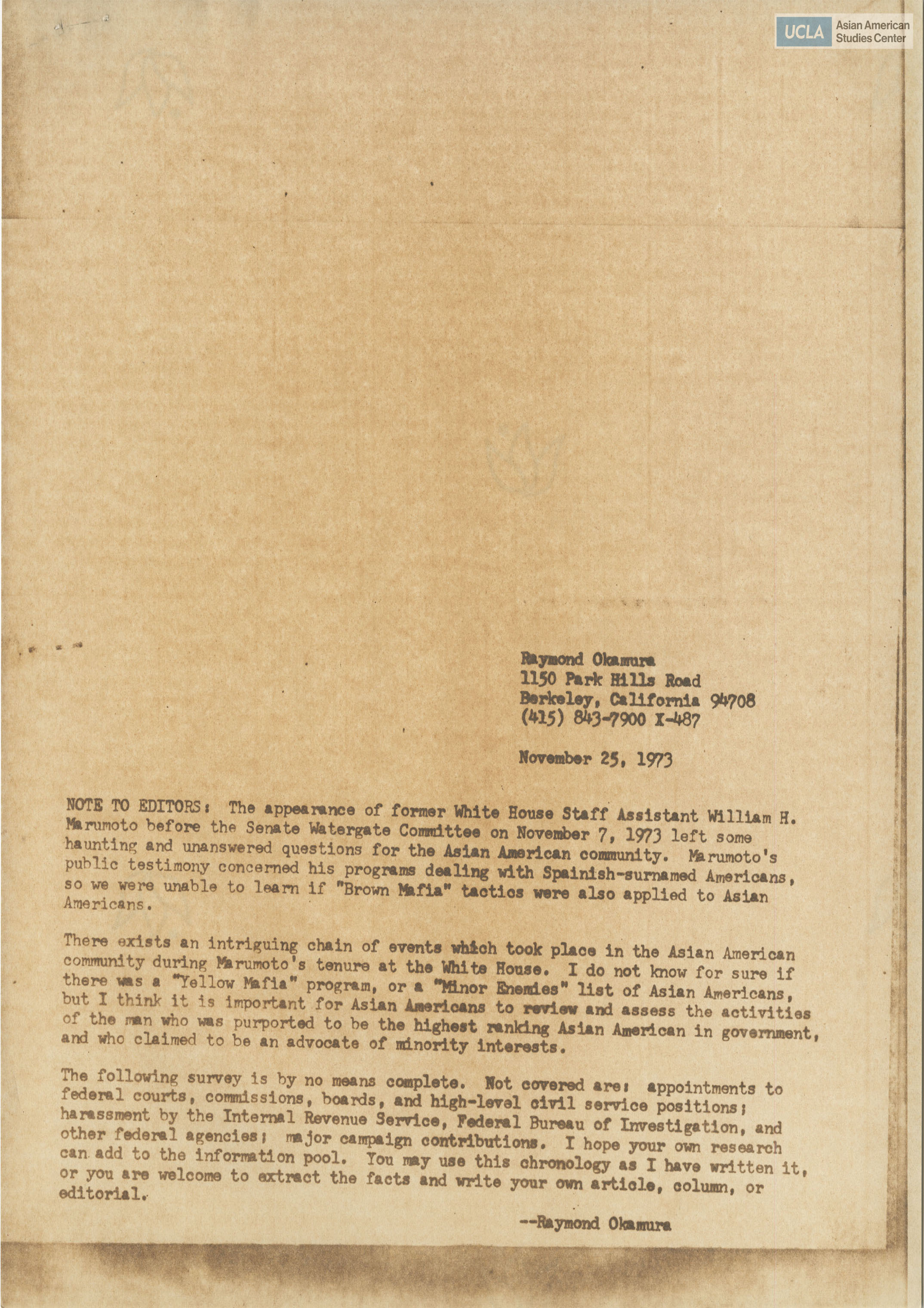 Letter Regarding William (Bill) H. Marumoto from Raymond Okamura.