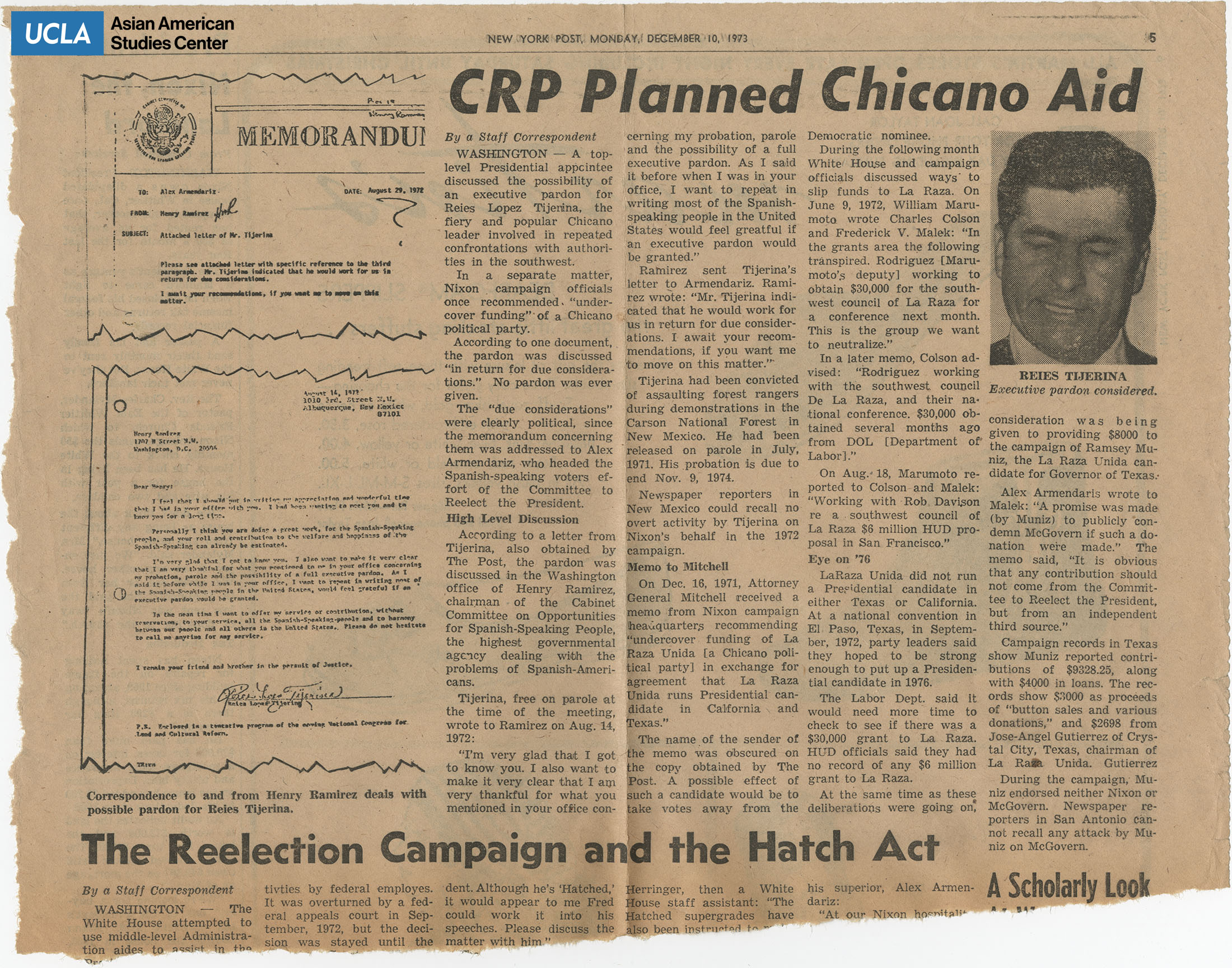 Headline CRP Planned Chicano Aid. Planned executive pardon for Reies Lopez Tijerina.