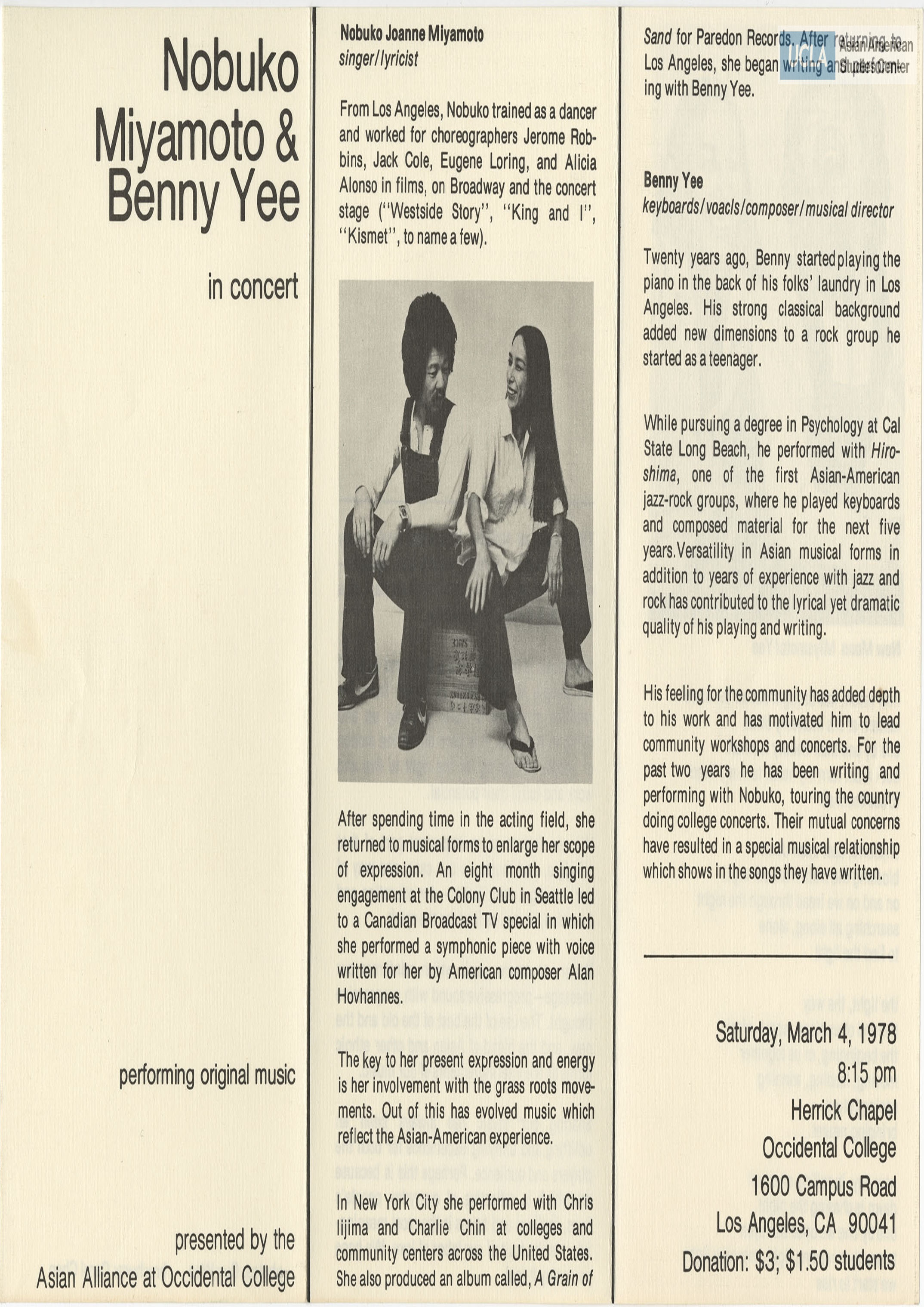 Pamphlet regarding Nobuko Miyamoto and Benny Yee in concert at Occidental College.
