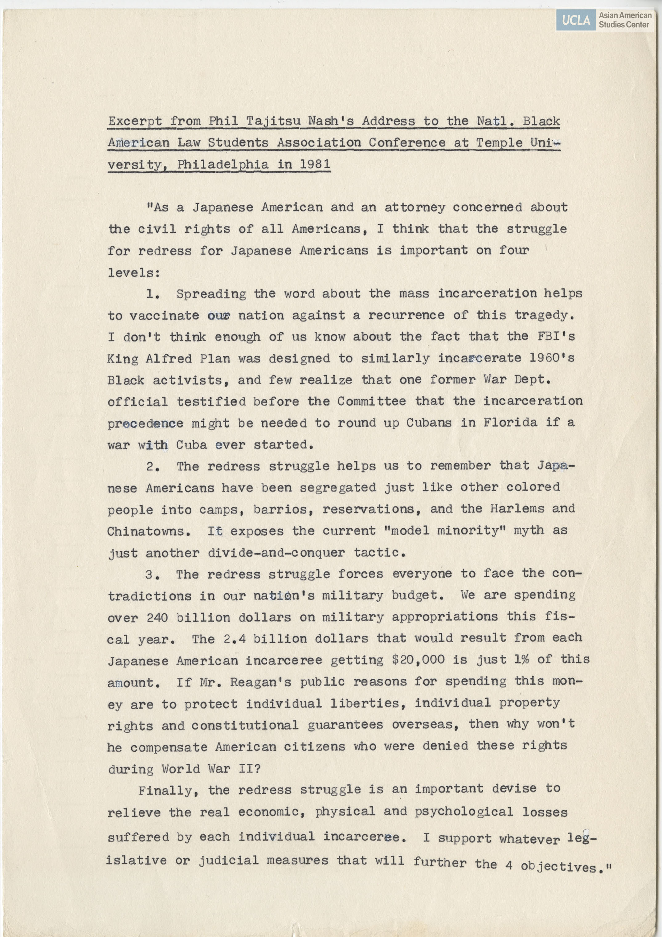 An excerpt regarding Attorney Phil Tajitsu's address on the redress of Japanese Americans forced removal and detention during World War II. Includes newspaper clipping from the New York Nichibei with Headline: 