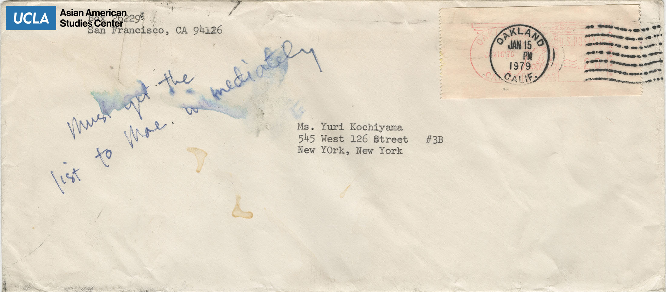 Envelope addressed to Yuri Kochiyama from Mae Ngai. Postmarked on January 15, 1979.