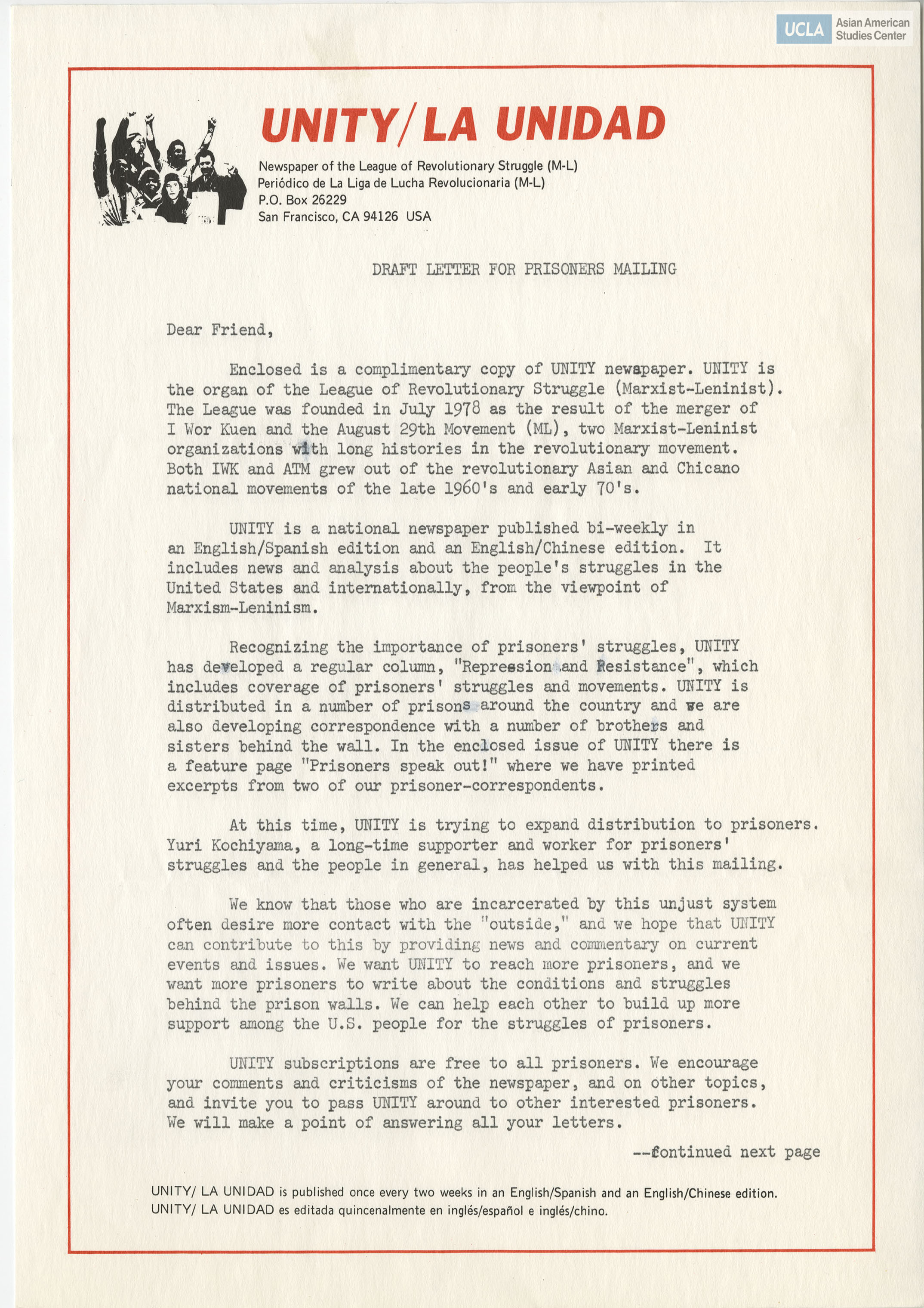 Letter regarding UNITY, a bi-weekly newspaper on the experience of incarcerated people.