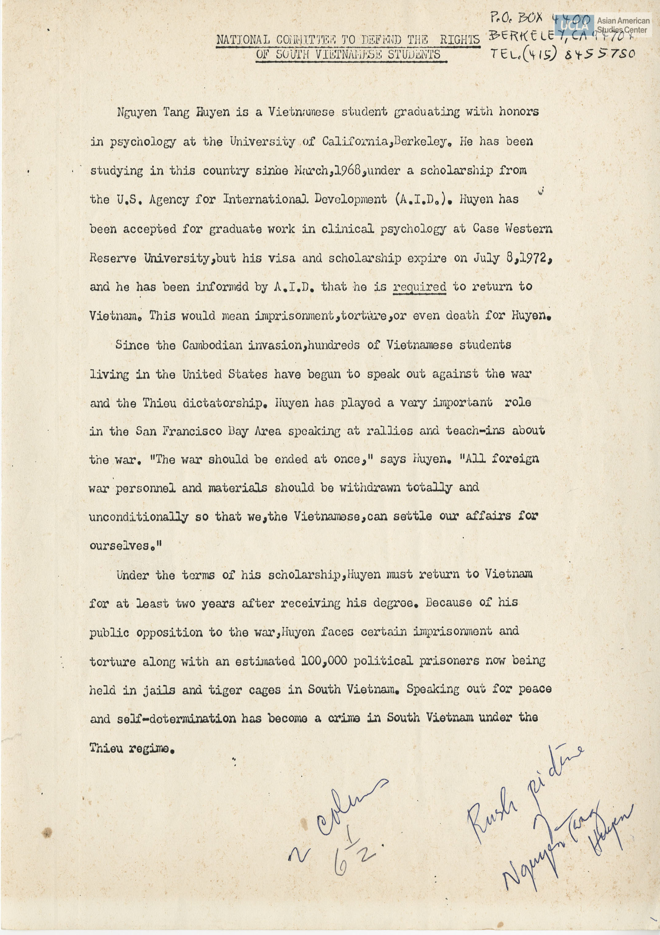 Statement addressed by National Committee to Defend the Rights of South Vietnamese Students of Nguyen Tang Huyen.