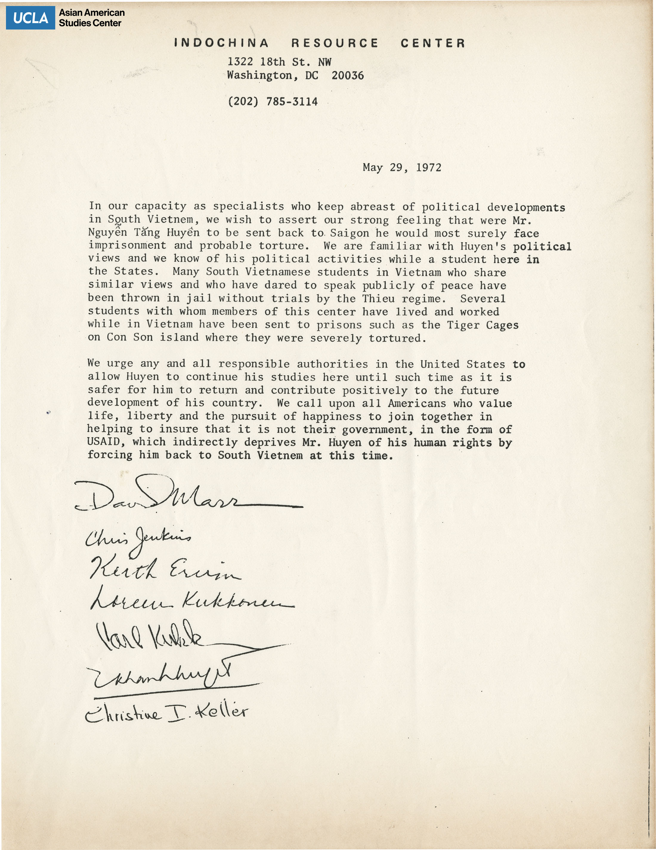 Letter regarding Nguyen Tang Huyen's stay in the United States.