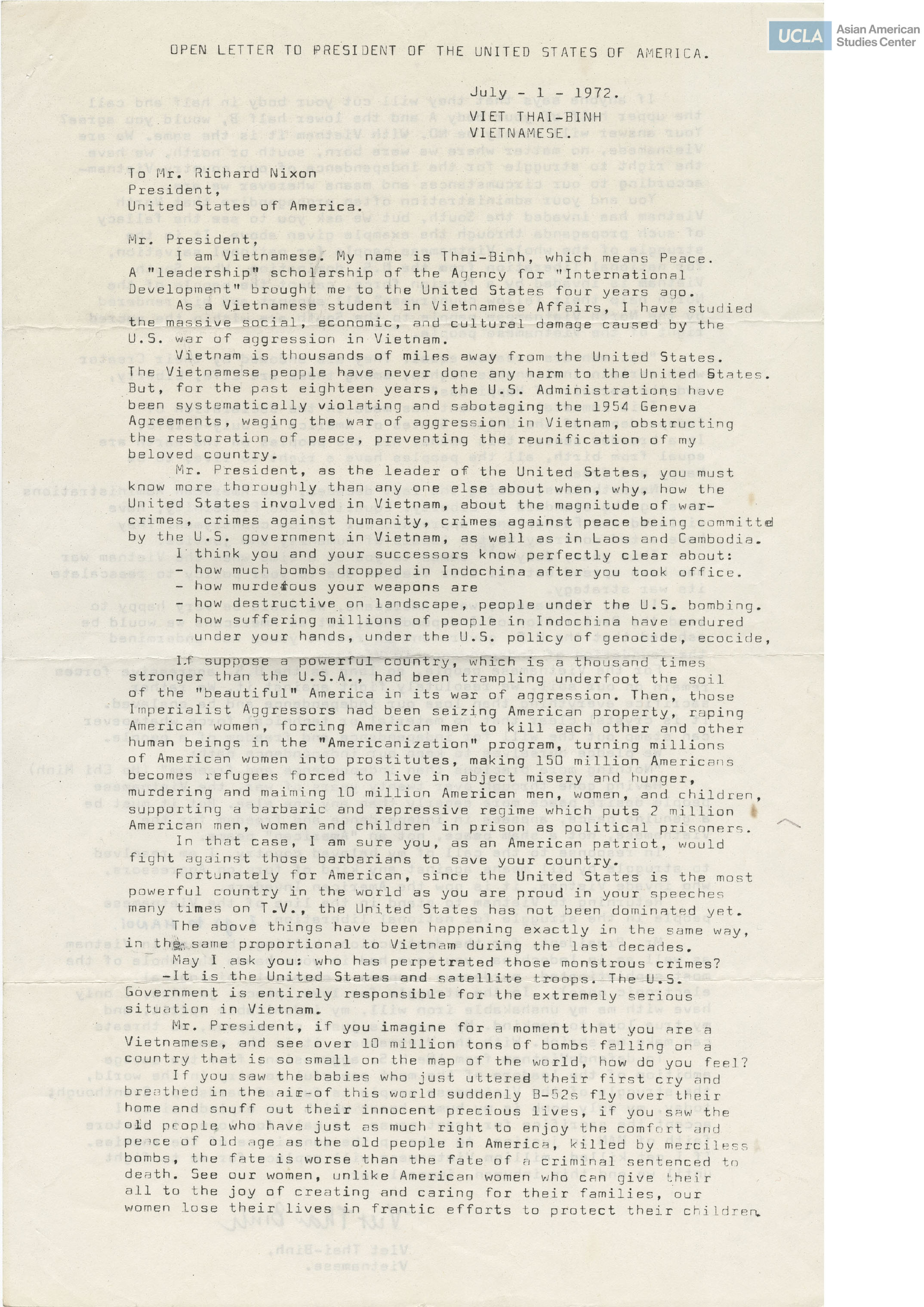 Letter addressed to President Richard Nixon on United States and Vietnam relations.