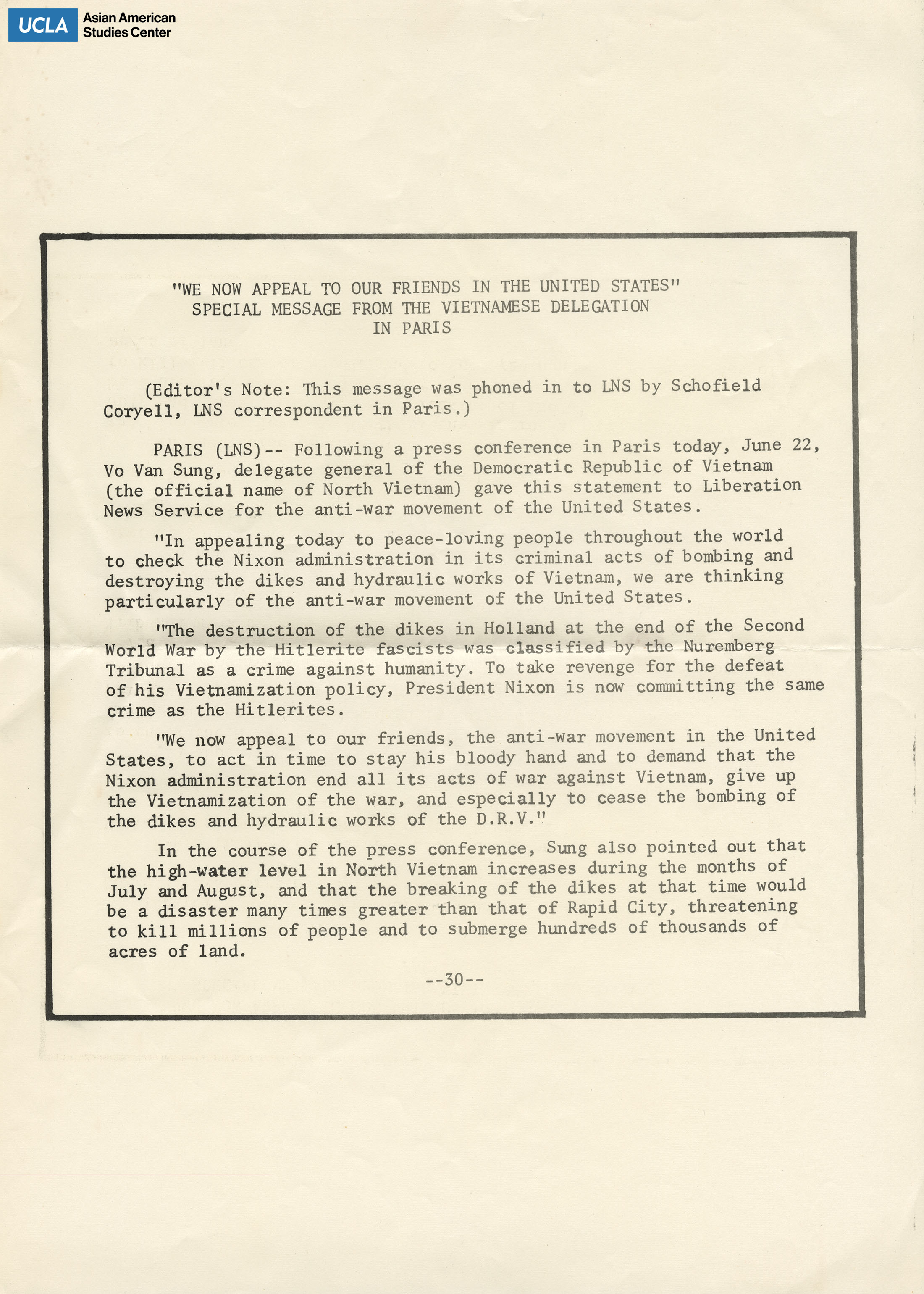 Press release addressed by the Vietnamese Delegation in Paris on the anti-war movement in Vietnam.