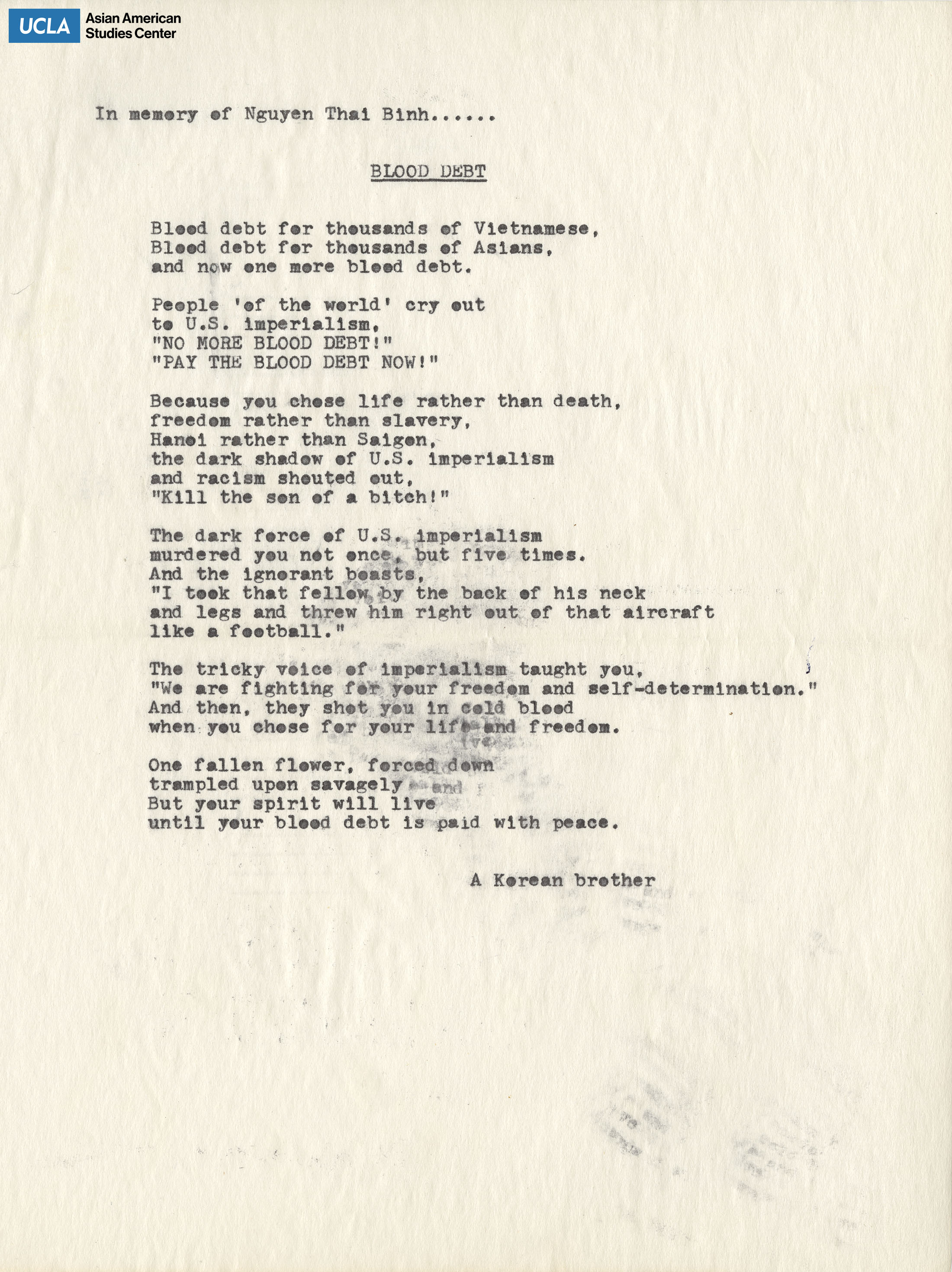 Flyer includes a poem in the memory of the death of Nguyen Thai Binh.