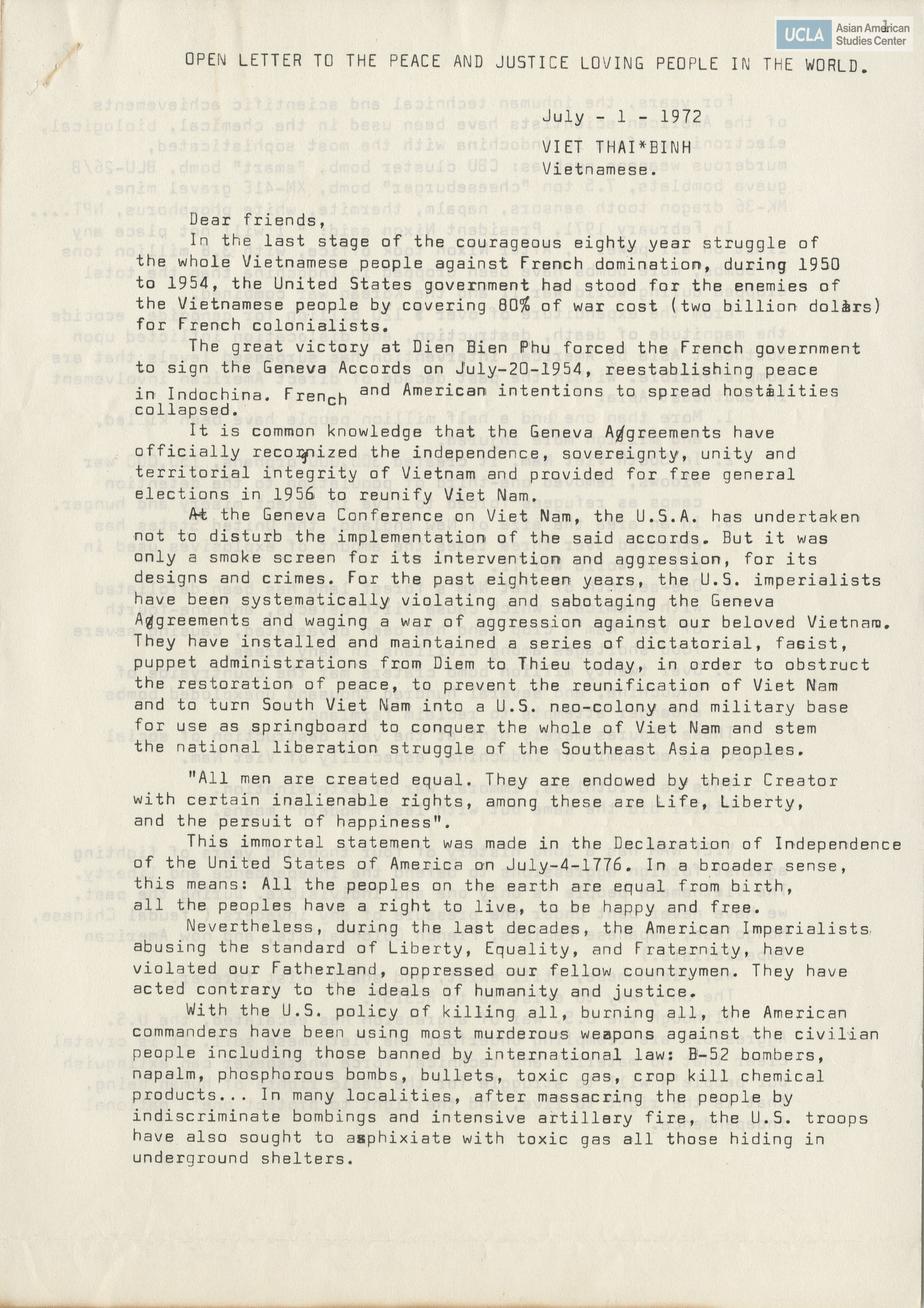 An open letter by Viet Thai-Binh (also known as Nguyen Thai Binh) on Indochina war.