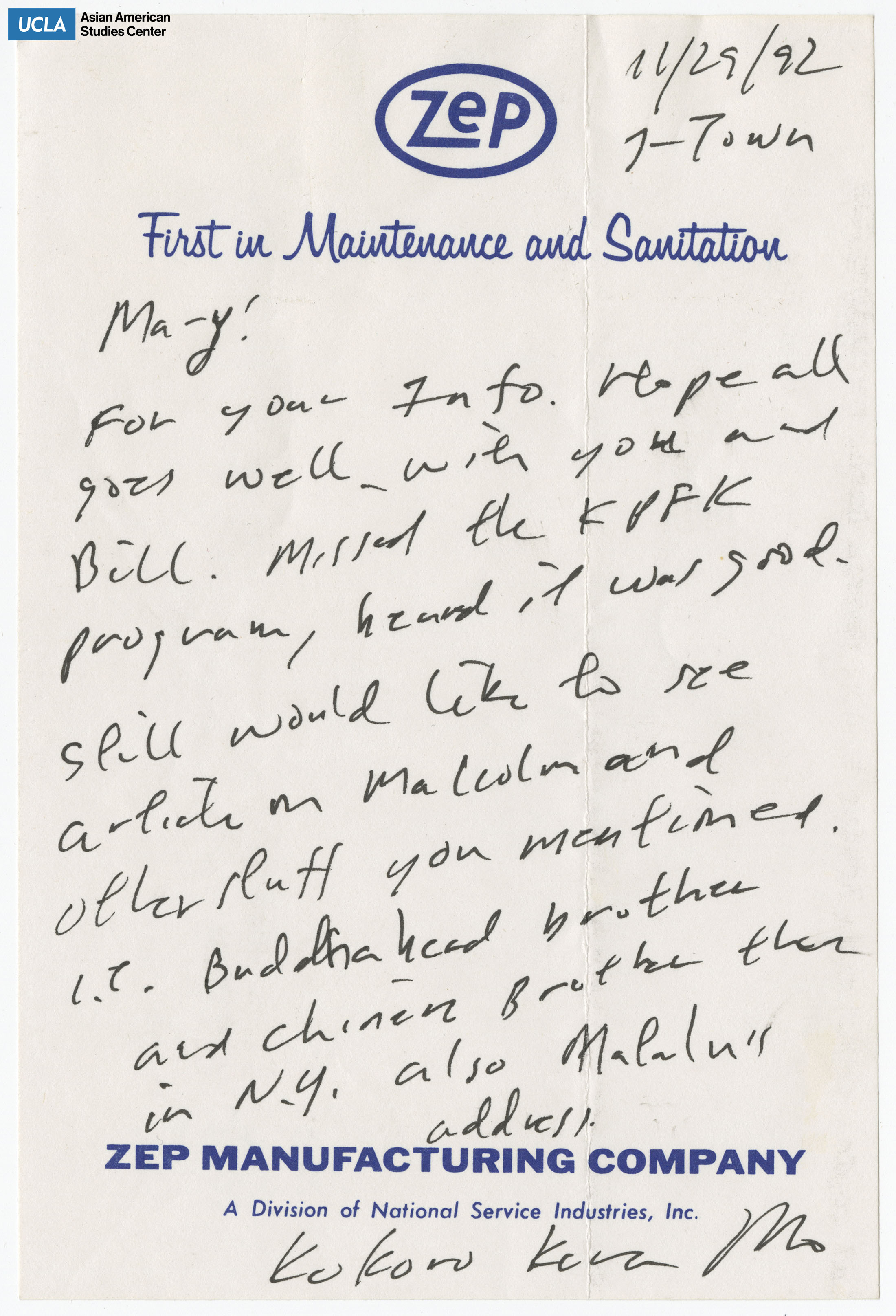 Handwritten letter addressed to Yuri Kochiyama from Kokoro Kara.