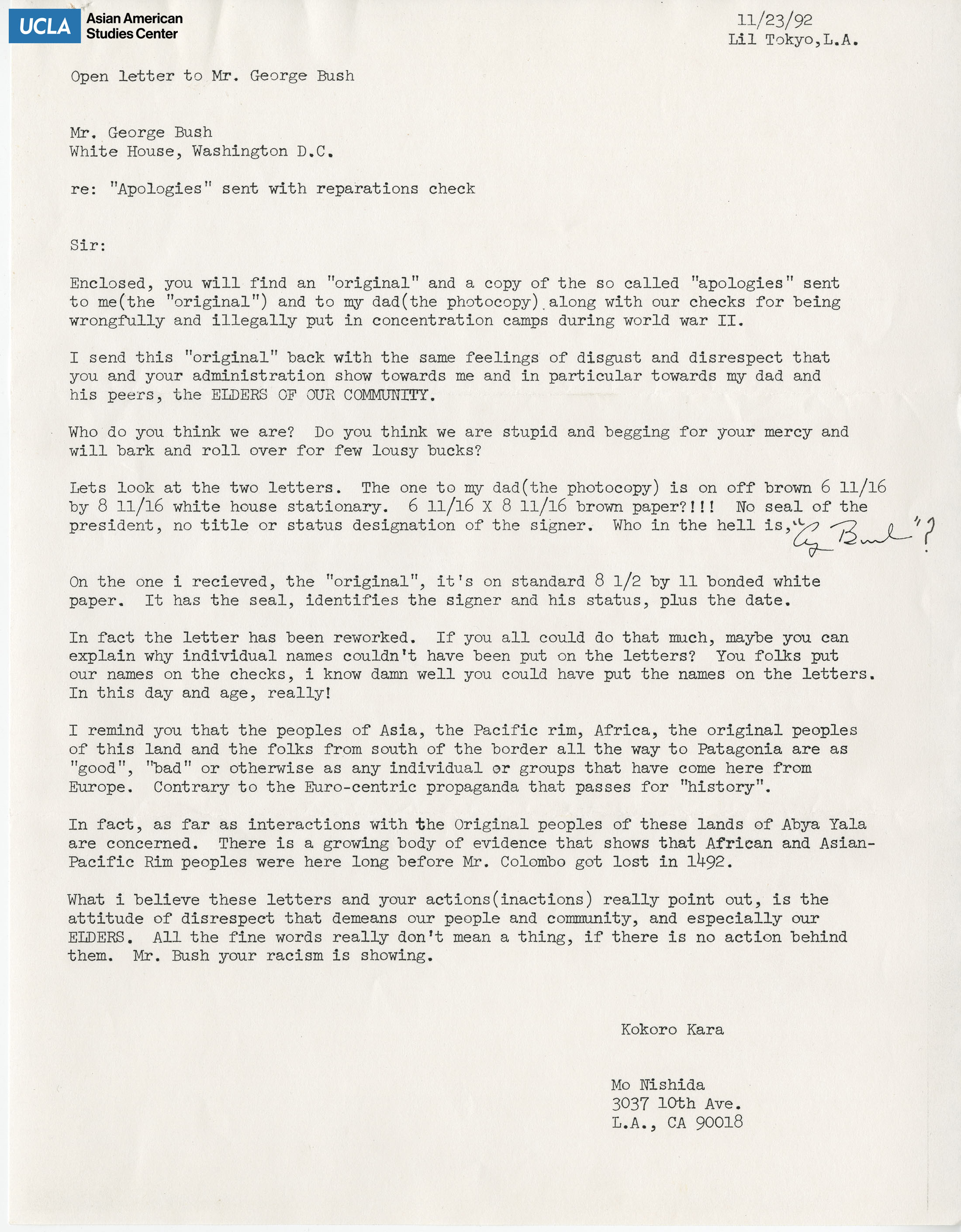 Letter addressed to George H.W. Bush on reparations regarding the forced detention of Japanese Americans during World War II.