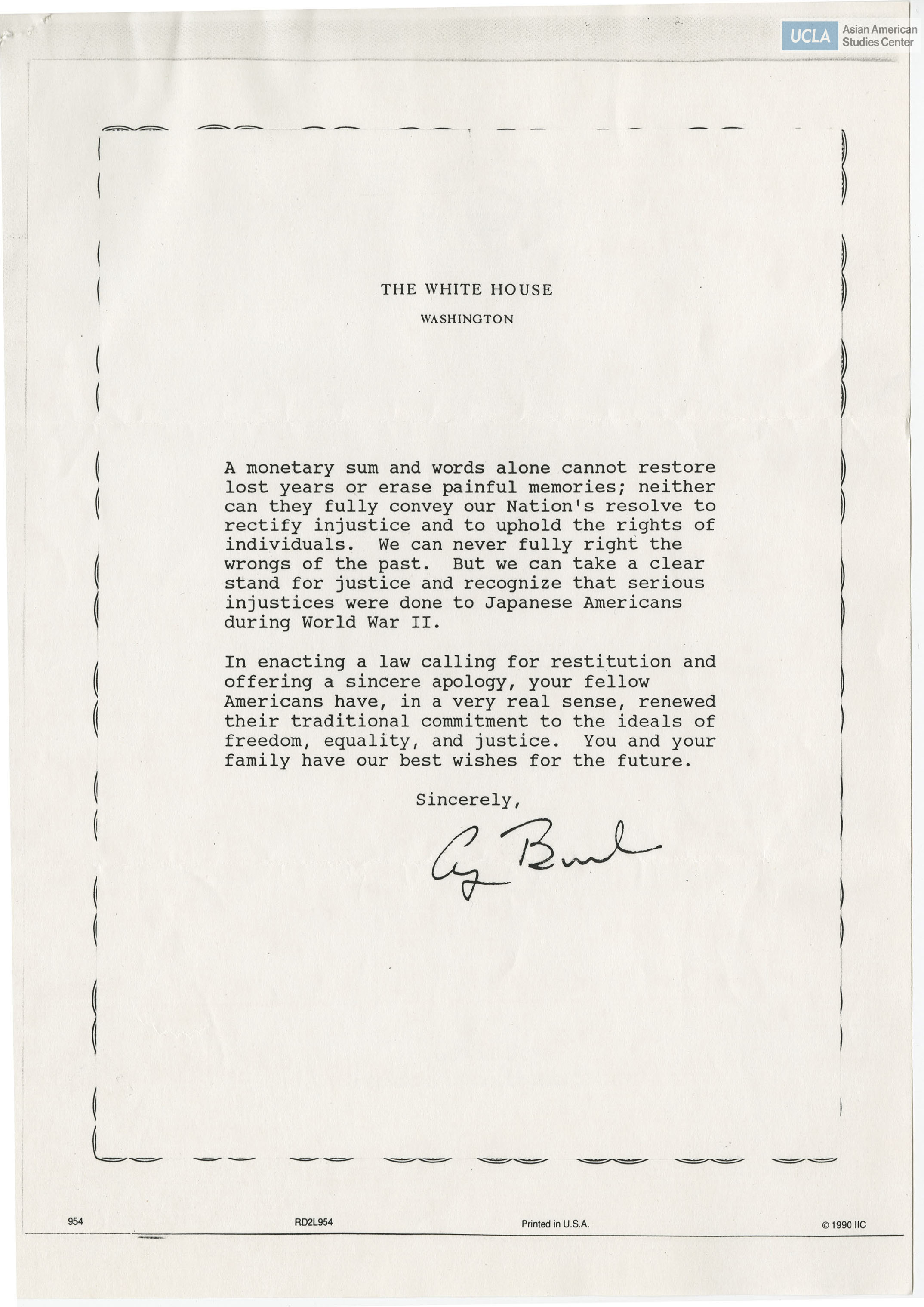 Letter addressed to George H.W. Bush on reparations regarding the forced detention of Japanese Americans during World War II.