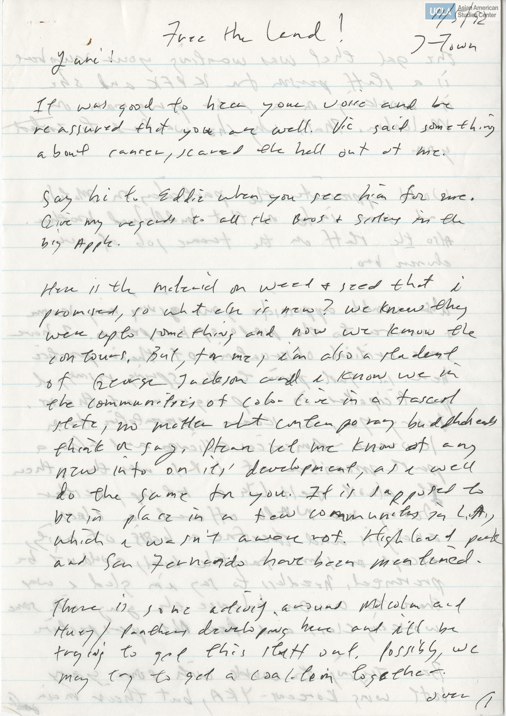 Letter addressed to Yuri and Bill Kochiyama from Mo Nishida.