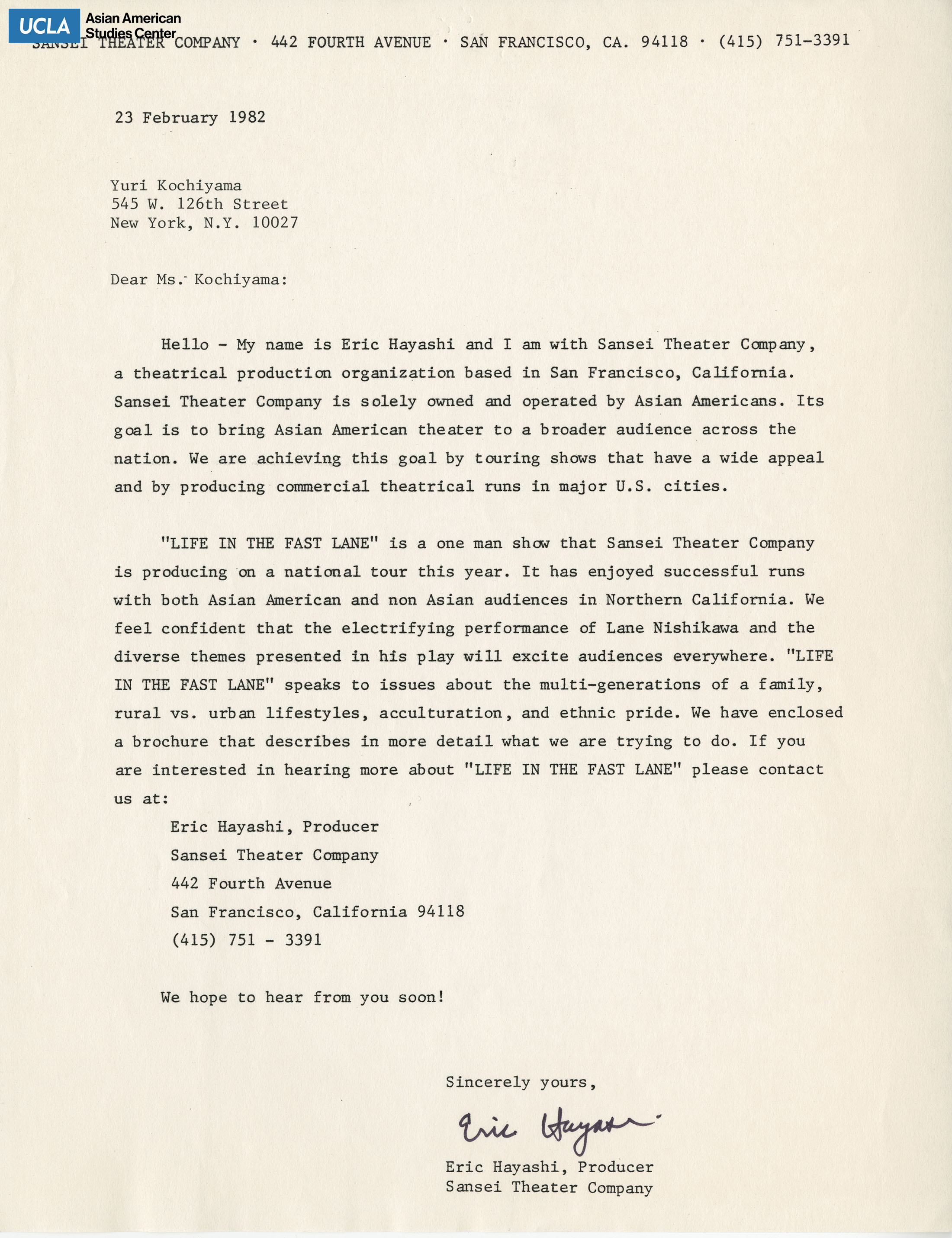 Letter addressed to Yuri Kochiyama from Eric Hayashi, Producer of Sansei Theater Company.