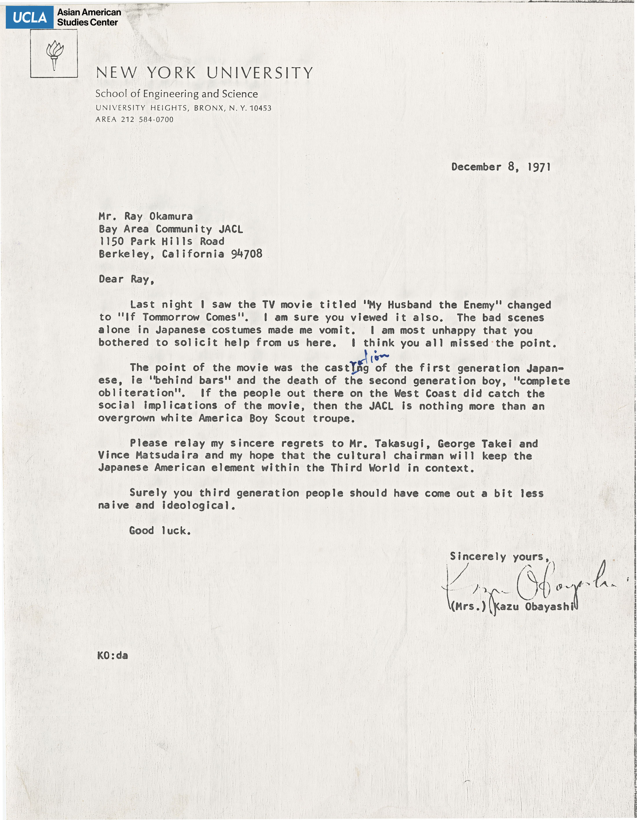 Letter addressed to Ray Okamura regarding the TV movie, 